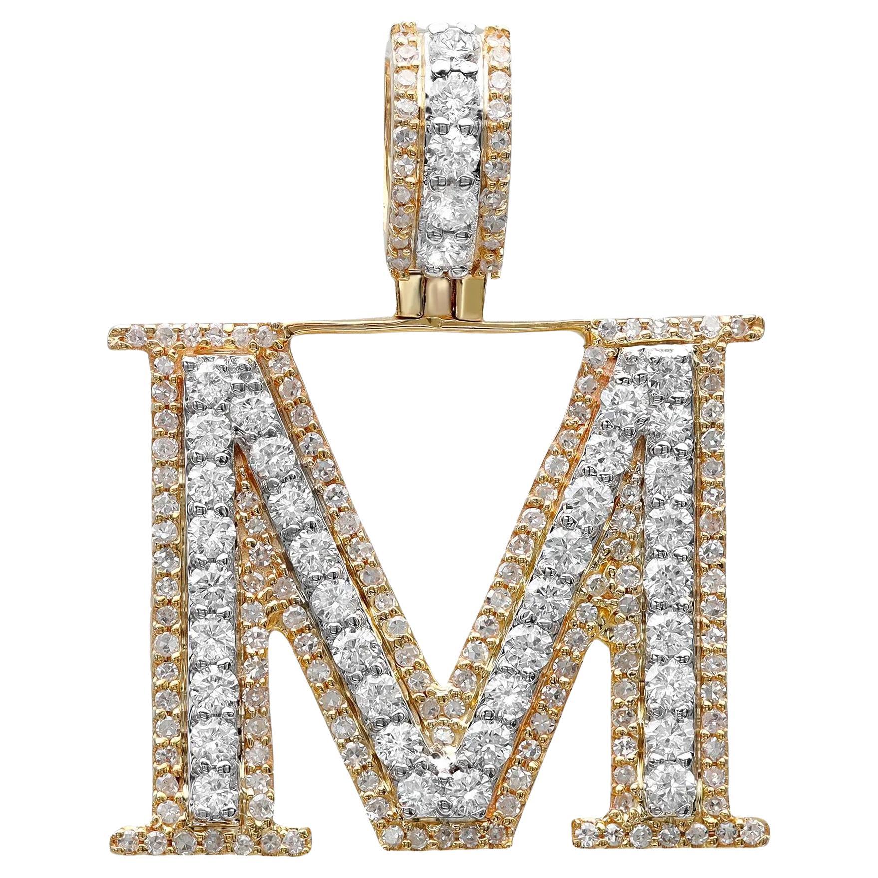 Round Cut Diamond "M" Letter Initial Pendant 14K Yellow Gold 1.24Cttw For Sale