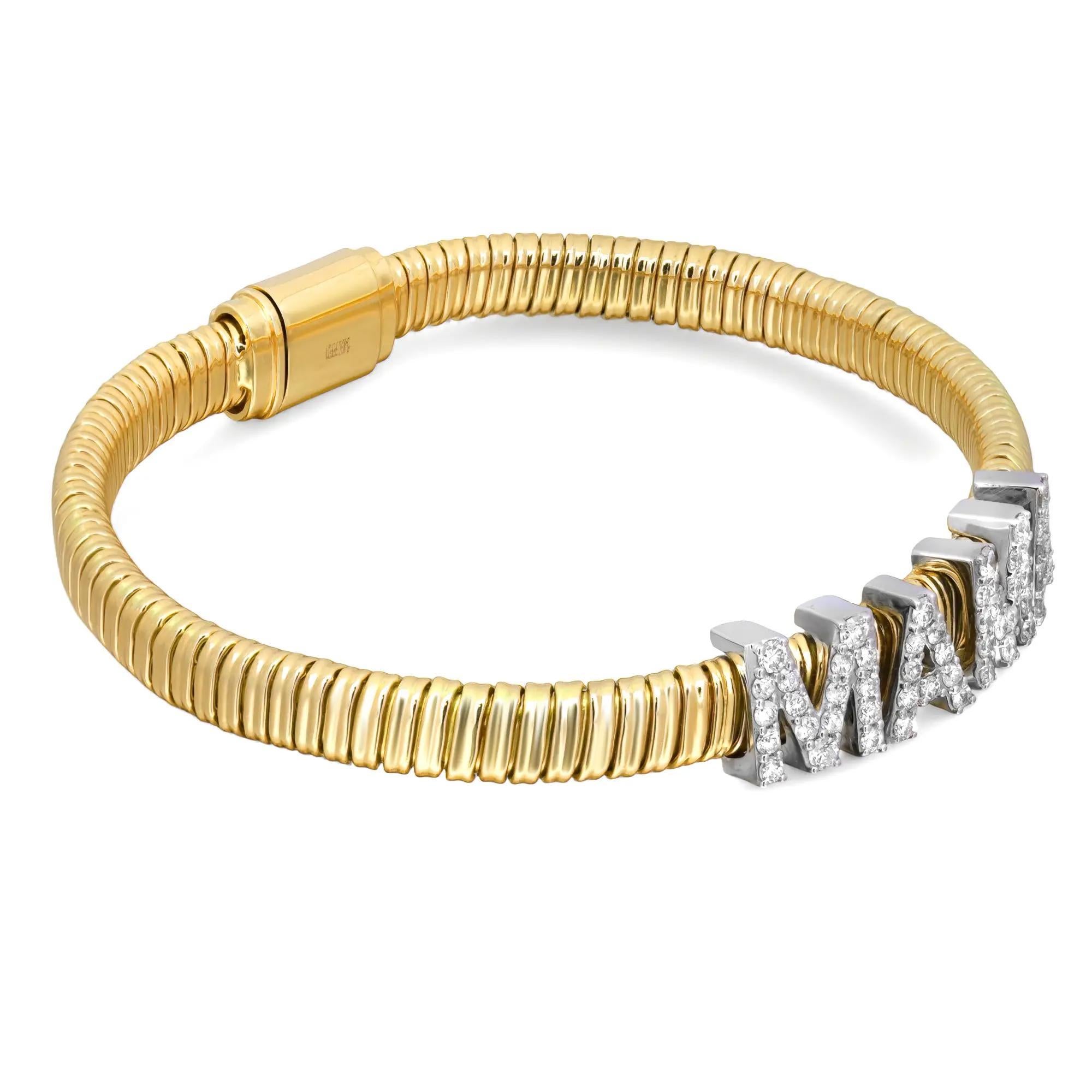 Round Cut Diamond MAMA Snake Chain Bracelet 14K Yellow Gold 0.85Cttw In New Condition For Sale In New York, NY