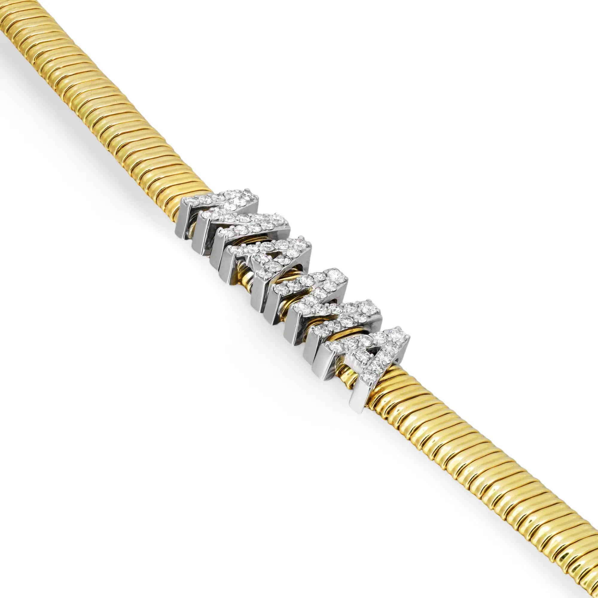 Women's Round Cut Diamond MAMA Snake Chain Bracelet 14K Yellow Gold 0.85Cttw For Sale