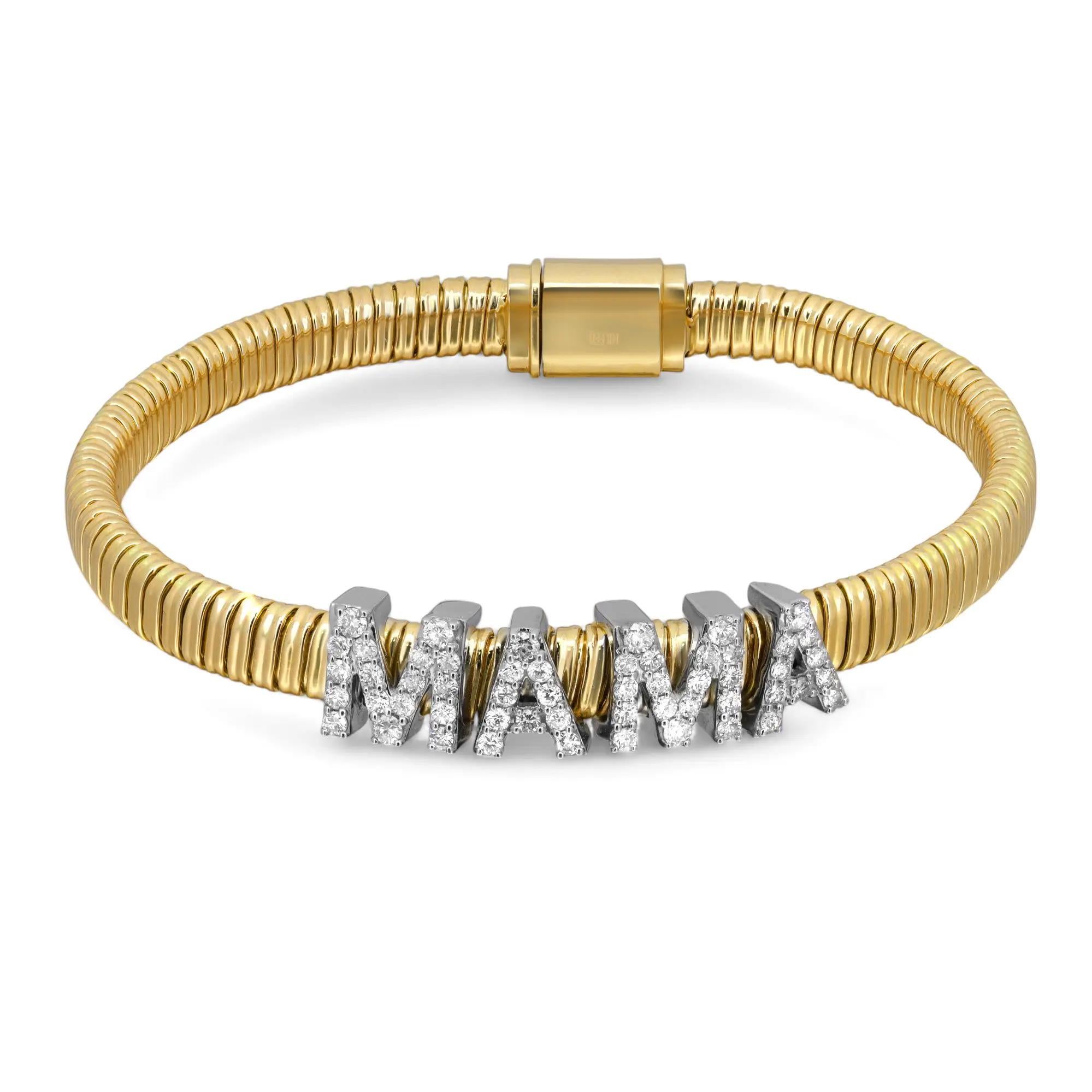 Round Cut Diamond MAMA Snake Chain Bracelet 14K Yellow Gold 0.85Cttw