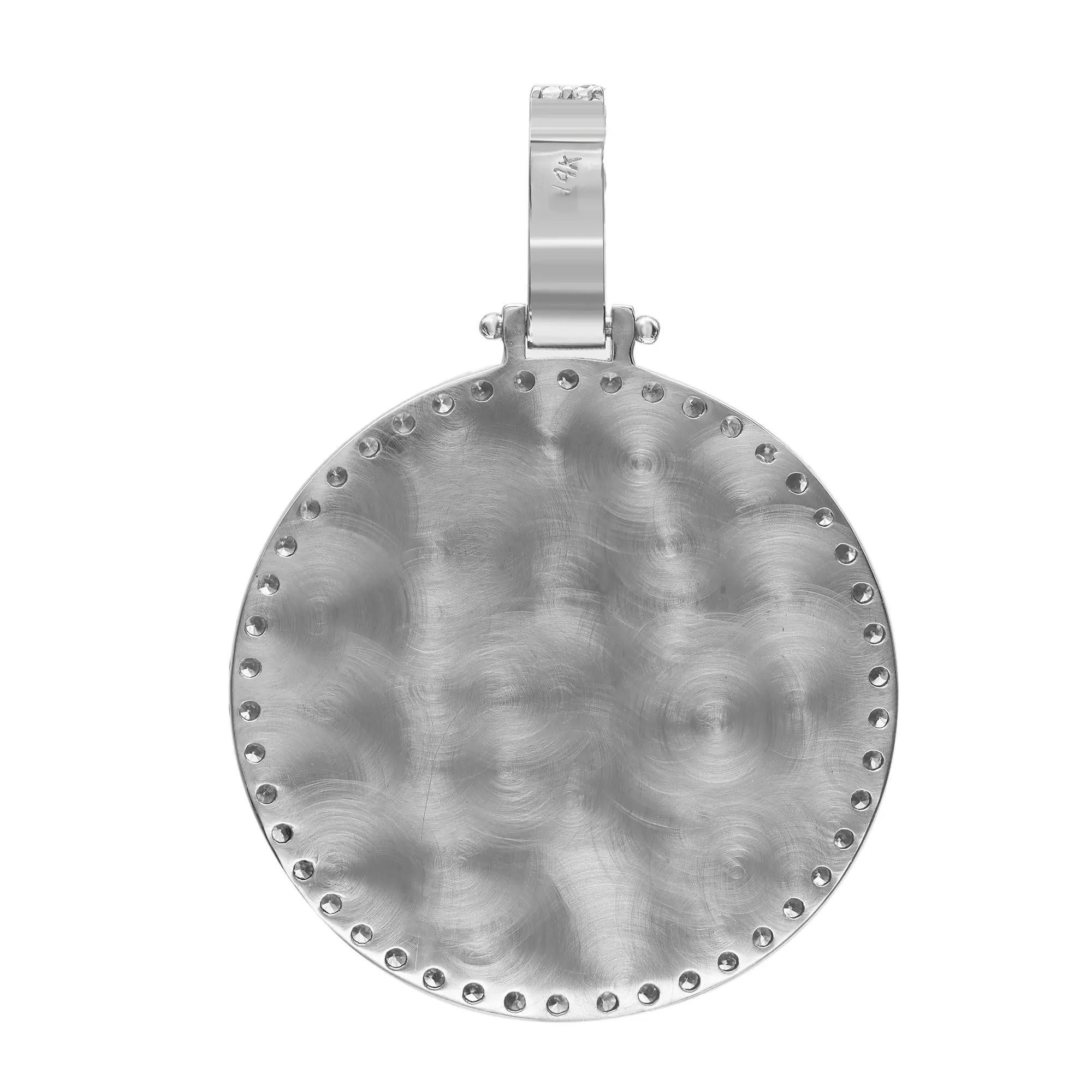 Round Cut Diamond Men's Circle Photo Pendant 14K White Gold 0.75Cttw In New Condition For Sale In New York, NY