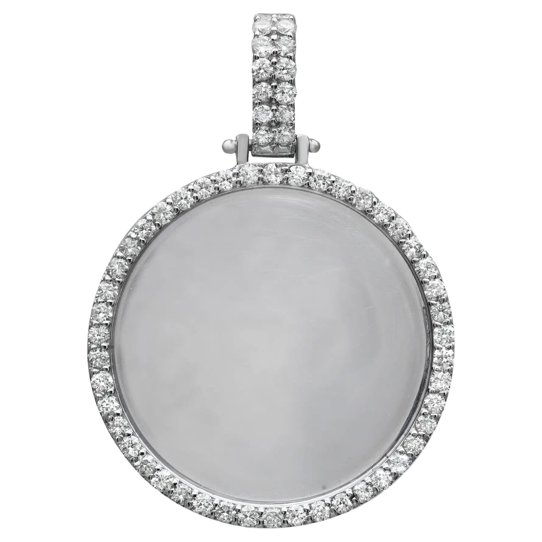 Round Cut Diamond Men's Circle Photo Pendant 14K White Gold 0.75Cttw