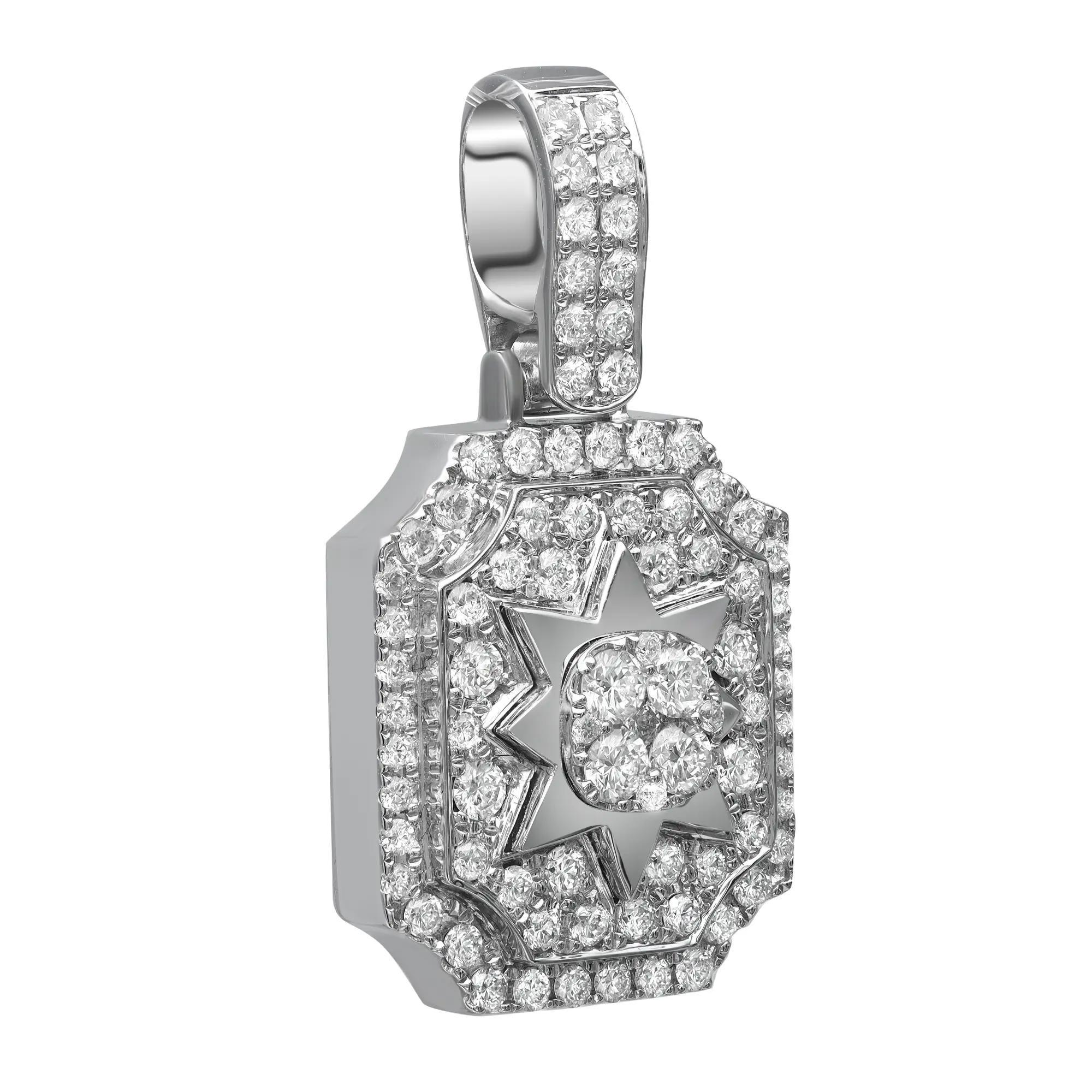 Sparkling bright white Men's diamond pendant crafted in lustrous 14K white gold. It features, pave set round brilliant cut diamonds studded in an octagon shape pendant with a center star. Total diamond weight: 1.61 carats. Diamond color G-H and