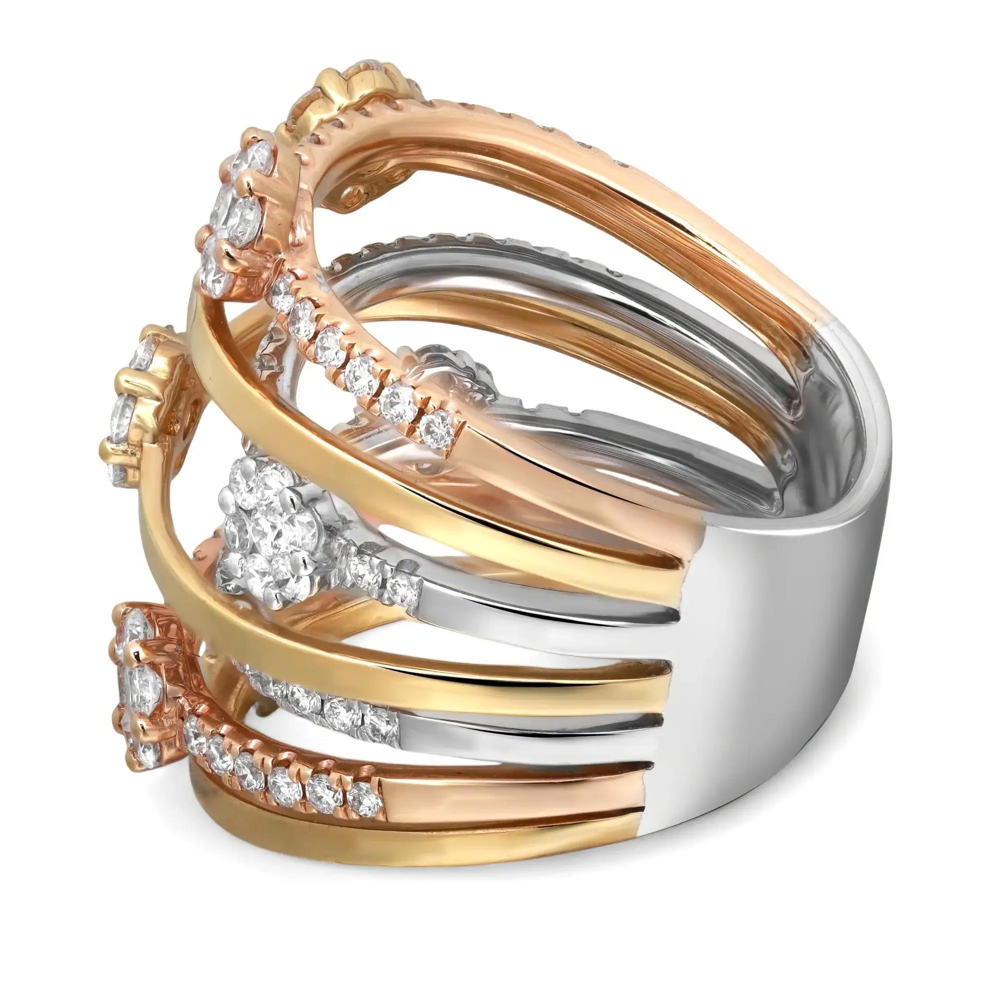 Cette magnifique bague à plusieurs bandes de diamants est tout à fait étincelante et glamour. Cette bague présente exceptionnellement des diamants ronds sertis sur plusieurs anneaux. Fabriqué en or jaune, blanc et rose 18 carats hautement poli.