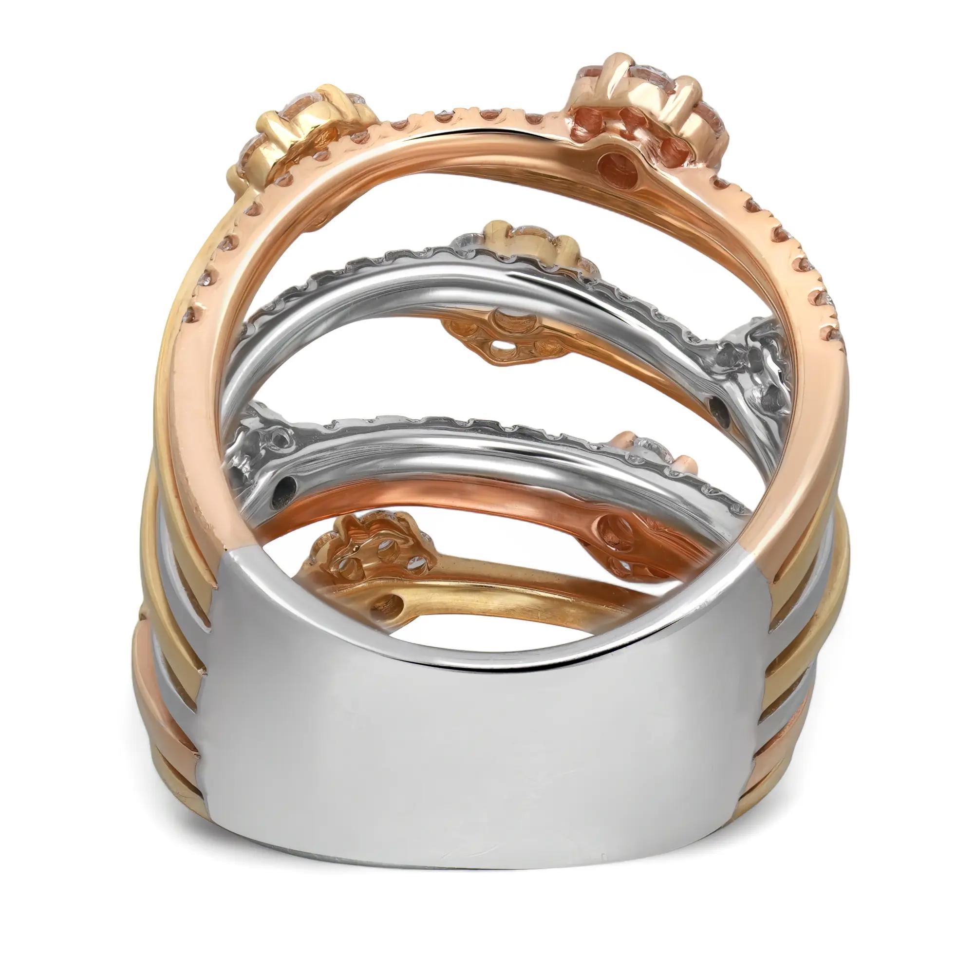 Moderne Bague large à plusieurs anneaux en or jaune, blanc et rose 18 carats avec diamants taille ronde 1,80 ct. pt. en vente
