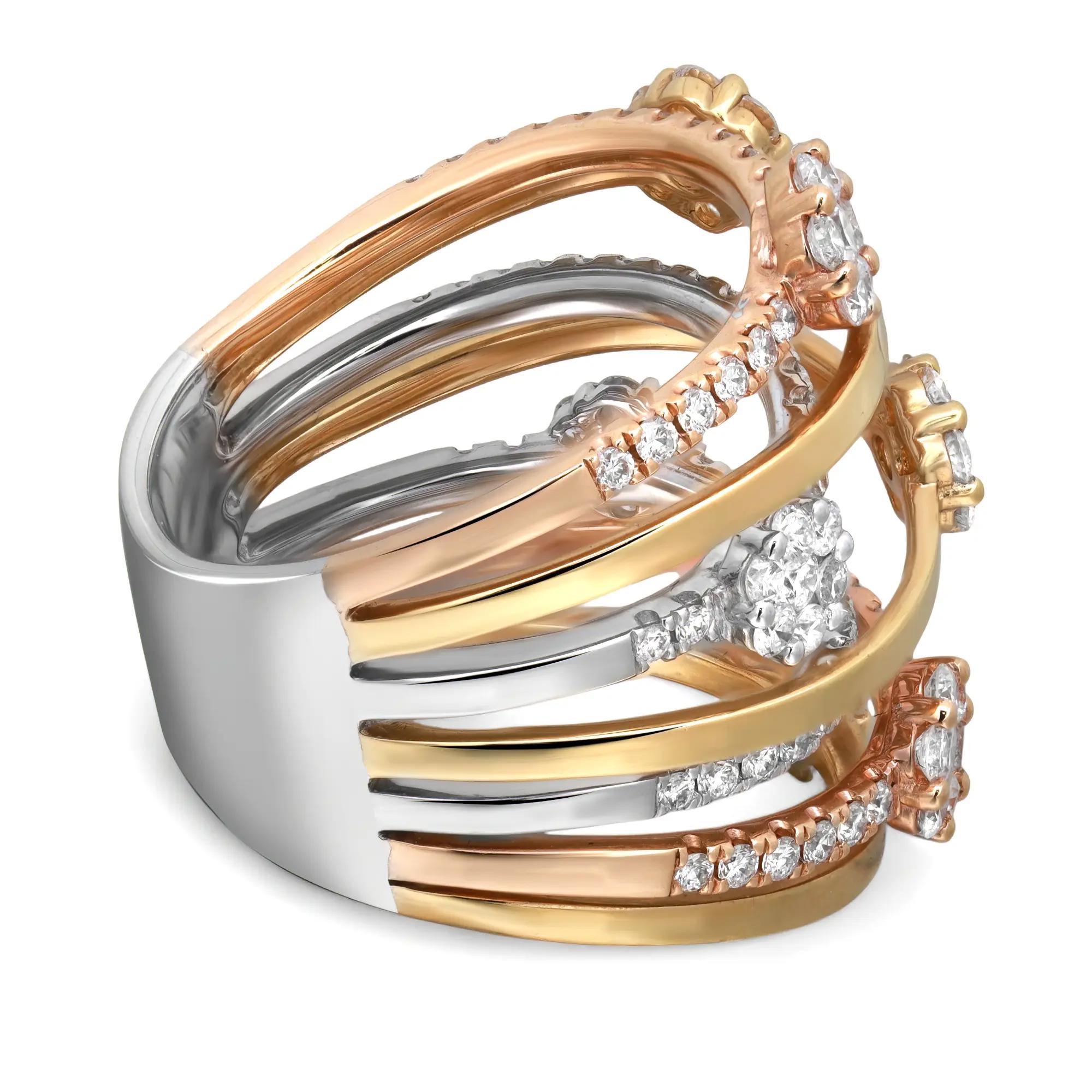 Taille ronde Bague large à plusieurs anneaux en or jaune, blanc et rose 18 carats avec diamants taille ronde 1,80 ct. pt. en vente