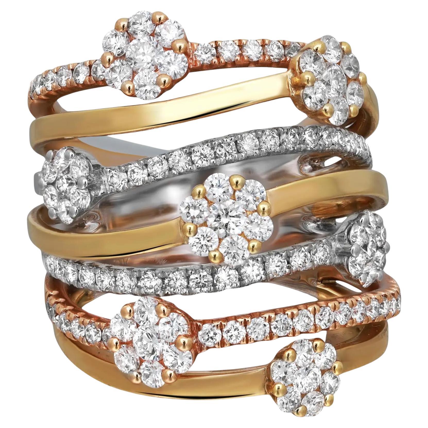 Bague large à plusieurs anneaux en or jaune, blanc et rose 18 carats avec diamants taille ronde 1,80 ct. pt. en vente