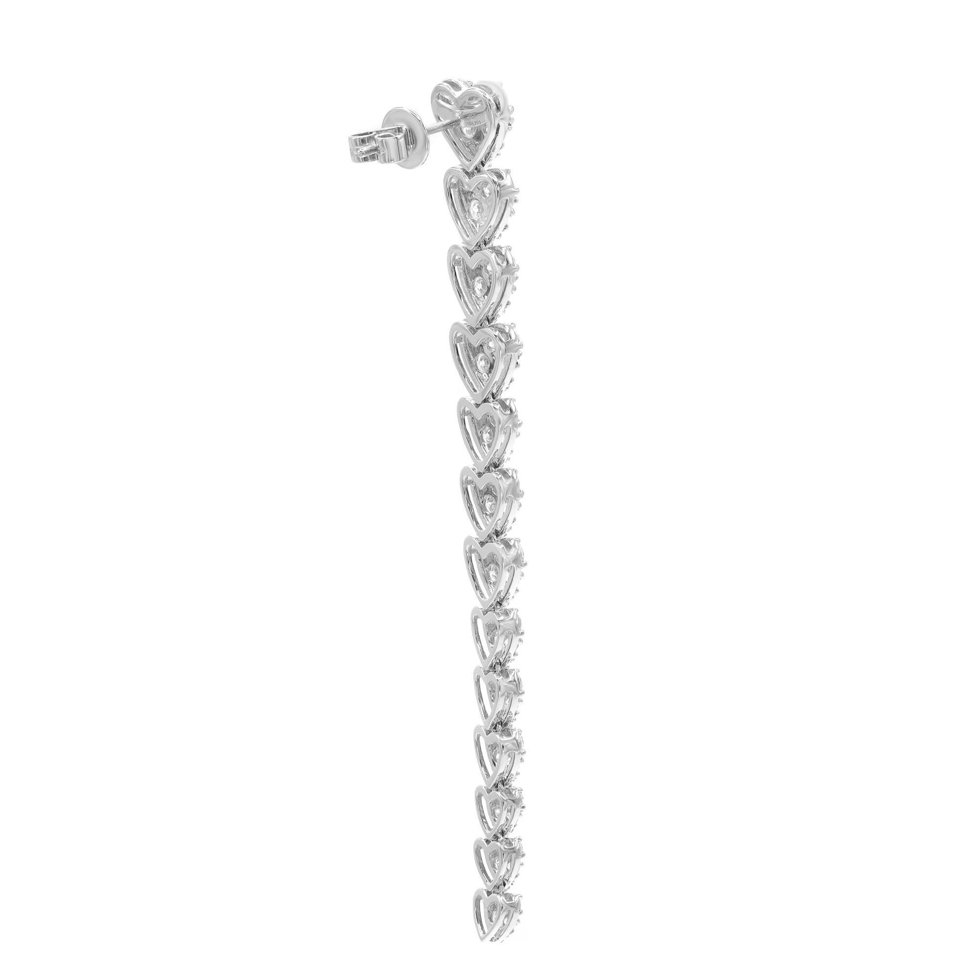 Modern Round Cut Diamond Multiple Love Heart Long Drop Earrings 18K White Gold 4.09Cttw For Sale