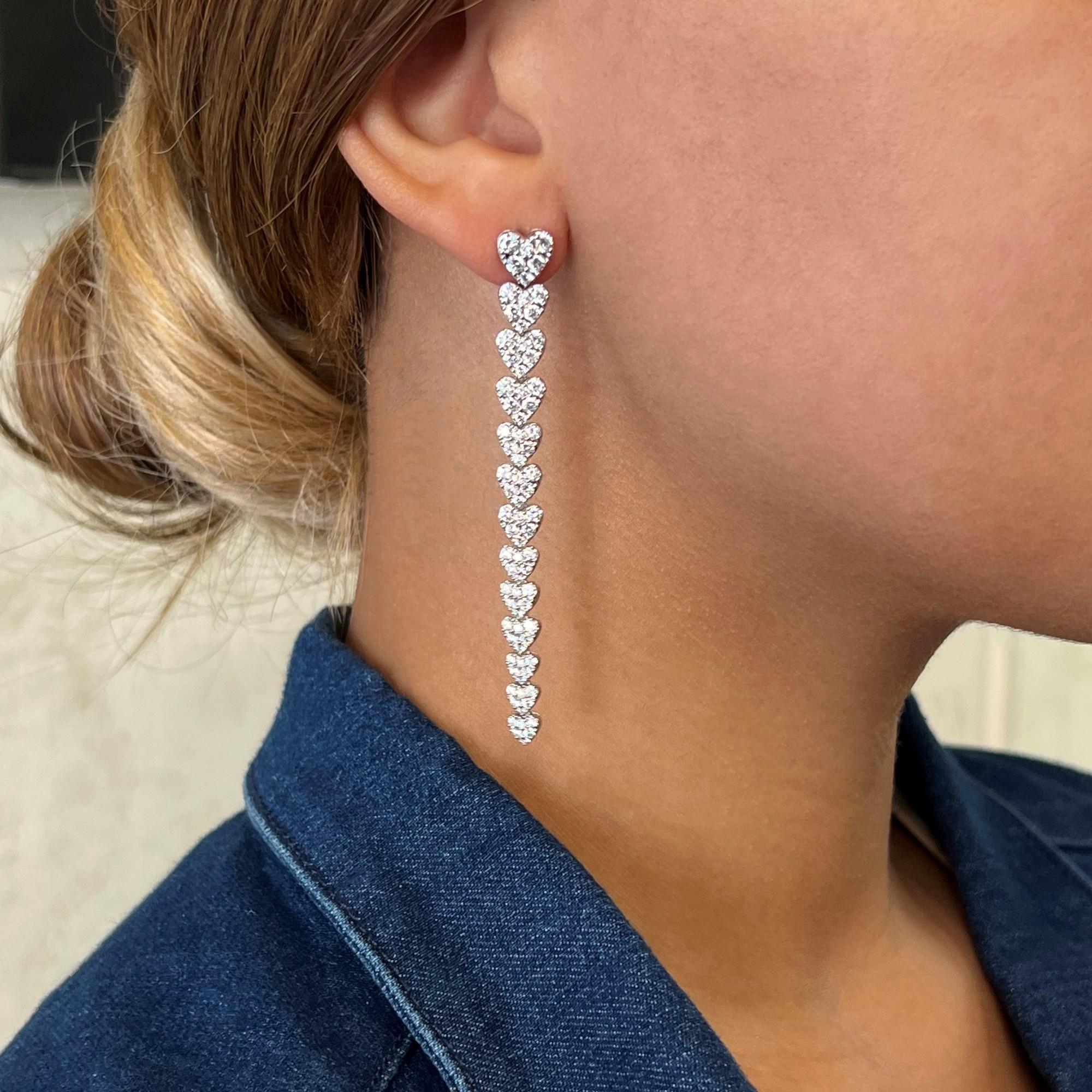 Women's Round Cut Diamond Multiple Love Heart Long Drop Earrings 18K White Gold 4.09Cttw For Sale