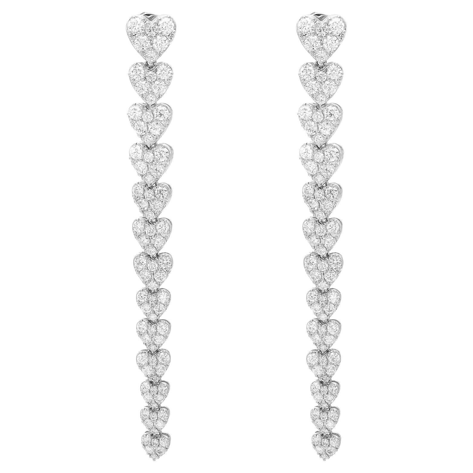 Round Cut Diamond Multiple Love Heart Long Drop Earrings 18K White Gold 4.09Cttw For Sale