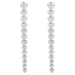 Round Cut Diamond Multiple Love Heart Long Drop Earrings 18K White Gold 4.09Cttw