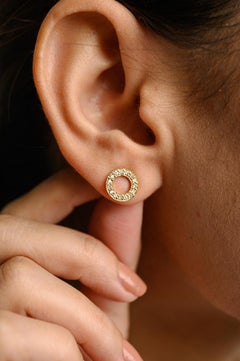 Minimalist Diamond Circle Stud Earrings Gift For Her in 18k Solid Yellow Gold