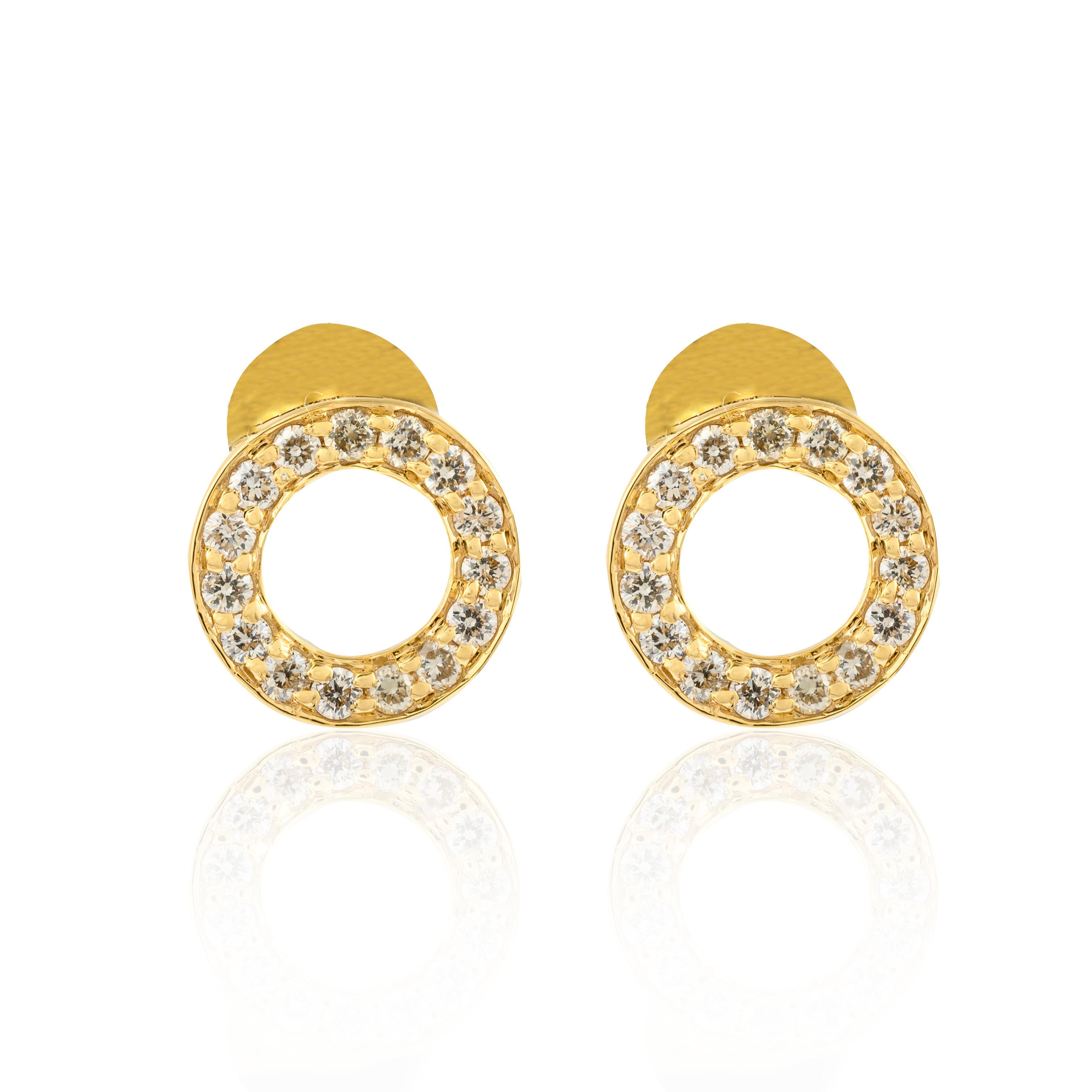 Modern Minimalist Diamond Circle Stud Earrings Gift For Her in 18k Solid Yellow Gold For Sale
