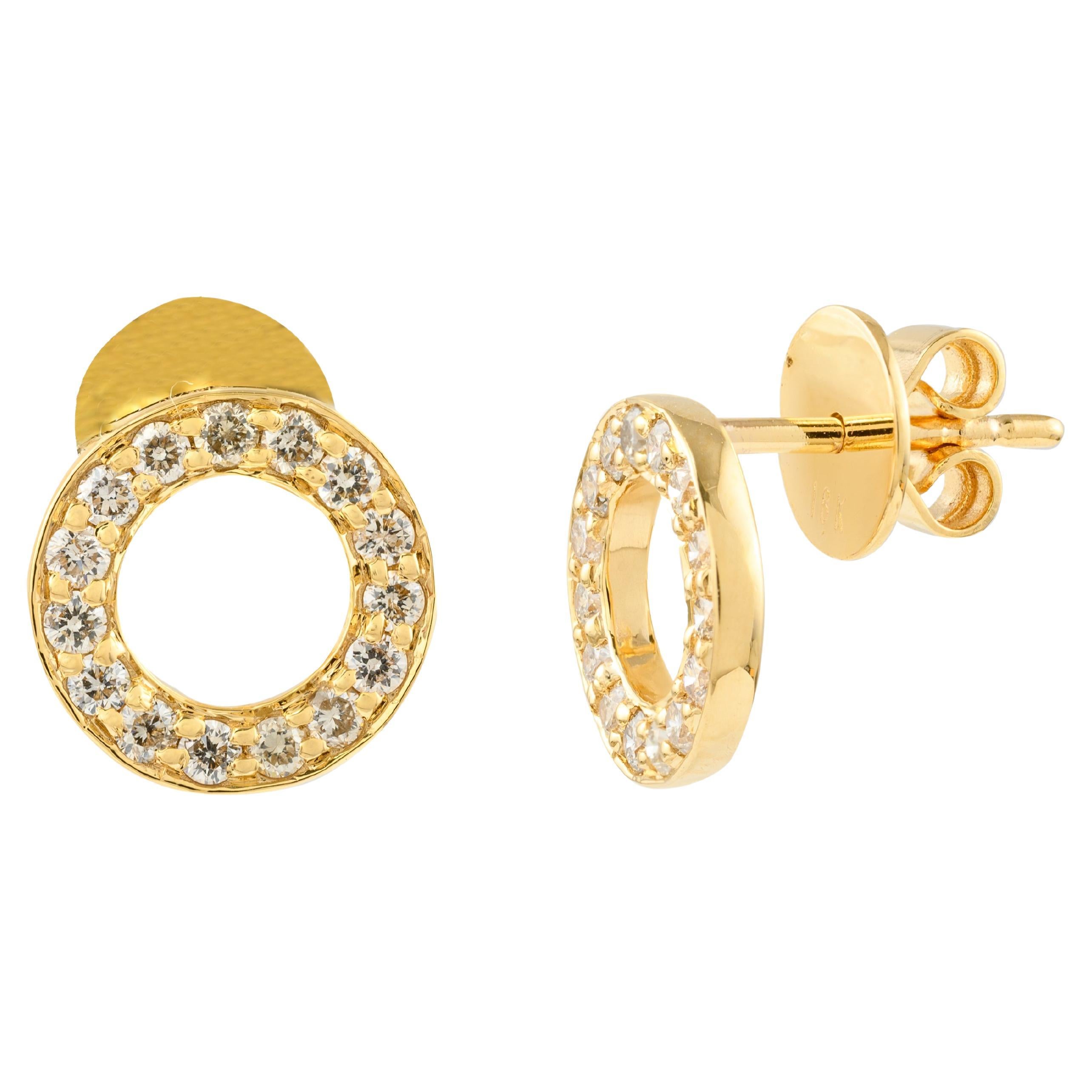 Boucles d'oreilles Minimalist Circle Diamond Stud Ears Gift For Her in 18k Solid Yellow Gold