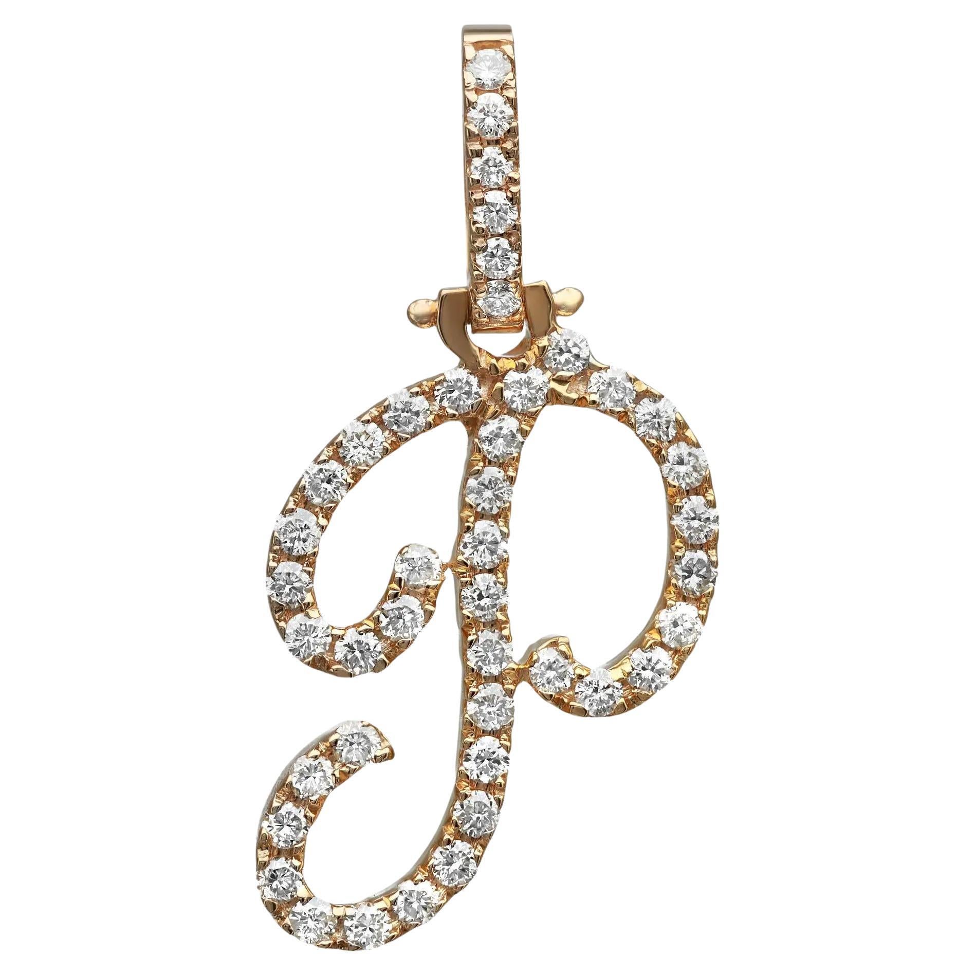 Round Cut Diamond "P" Calligraphy Initial Letter Pendant 14K Yellow Gold 0.58Ctw For Sale