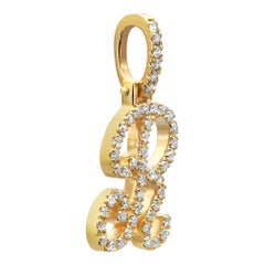 Round Cut Diamond "R" Calligraphy Initial Letter Pendant 14K Yellow Gold 0.68Ctw