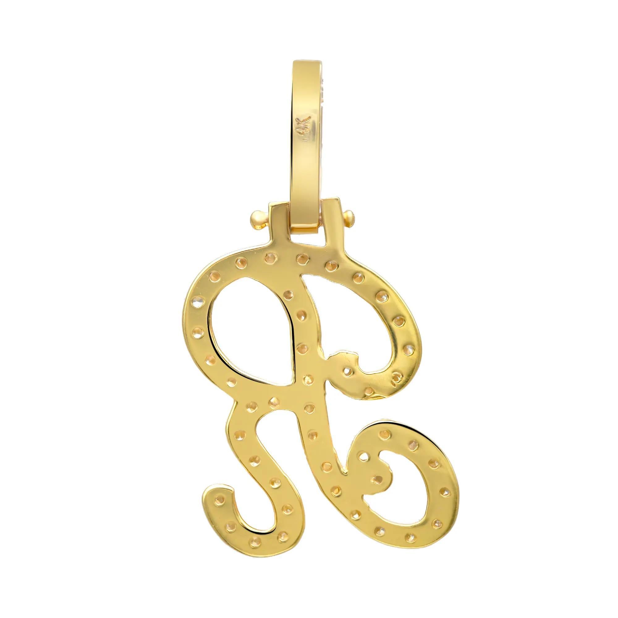 Taille ronde Pendentif lettre initiale « R » en or jaune 14 carats avec diamants taille ronde de 0,68 carat en vente