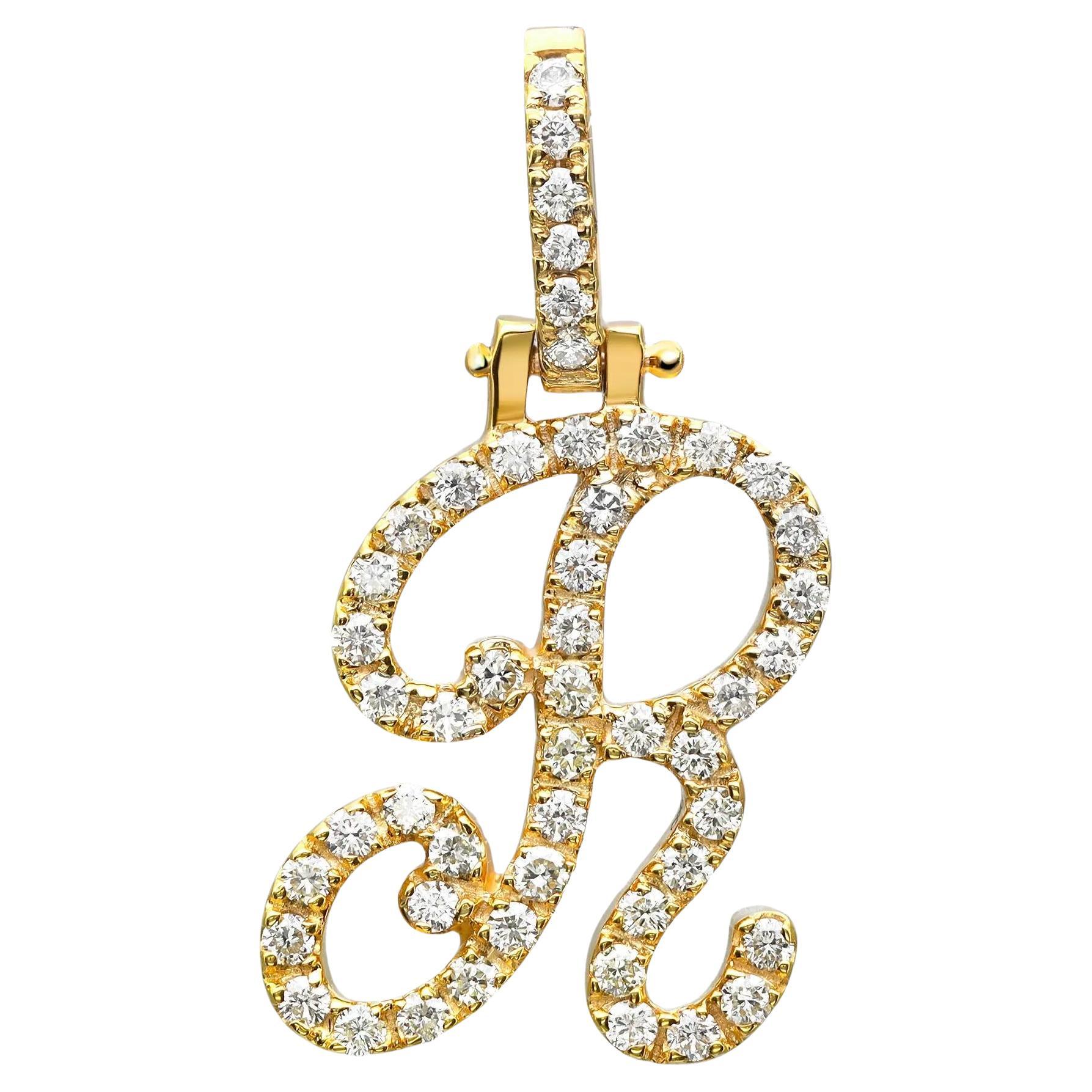 Round Cut Diamond "R" Calligraphy Initial Letter Pendant 14K Yellow Gold 0.68Ctw For Sale