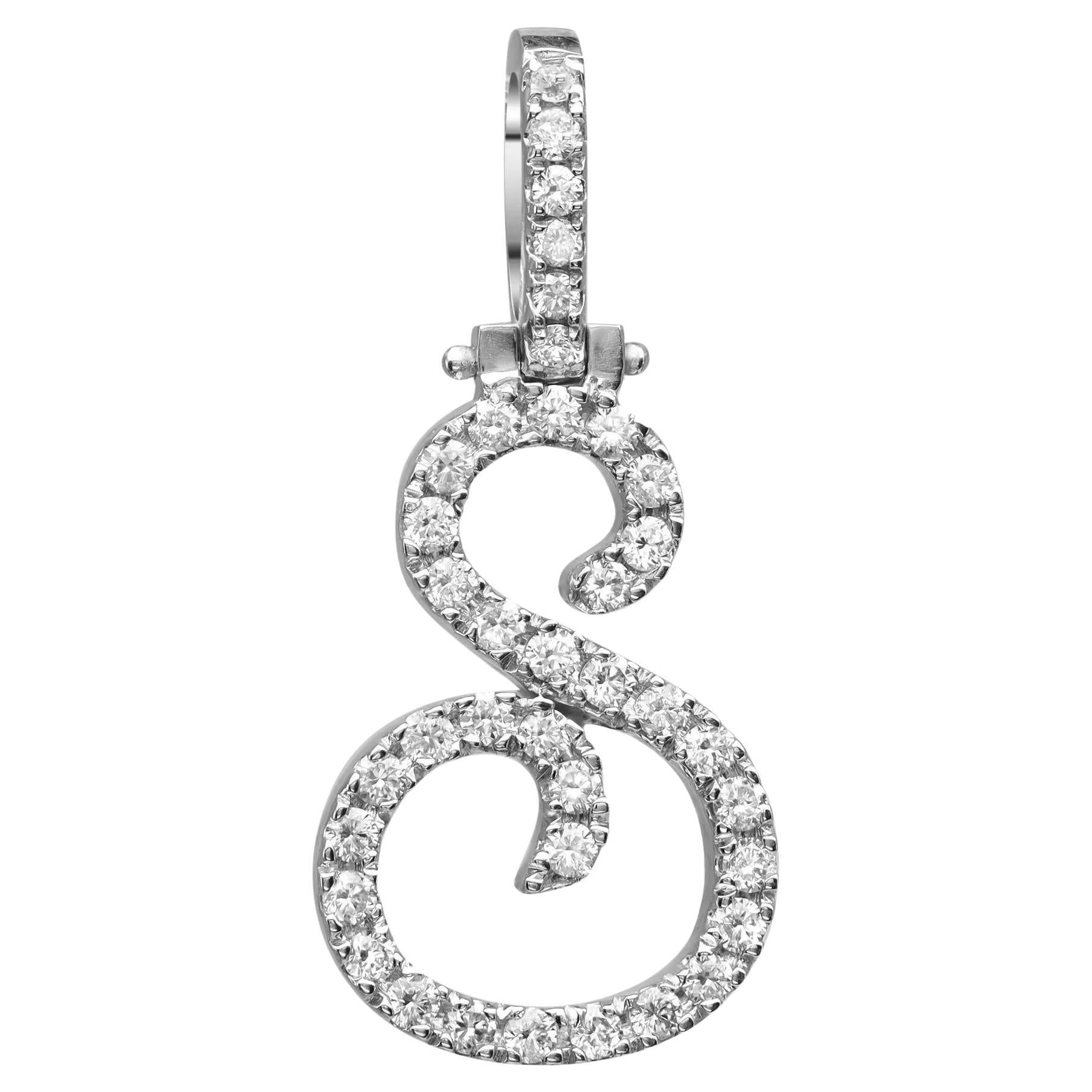 Round Cut Diamond "S" Calligraphy Initial Letter Pendant 14K White Gold 0.51Ctw