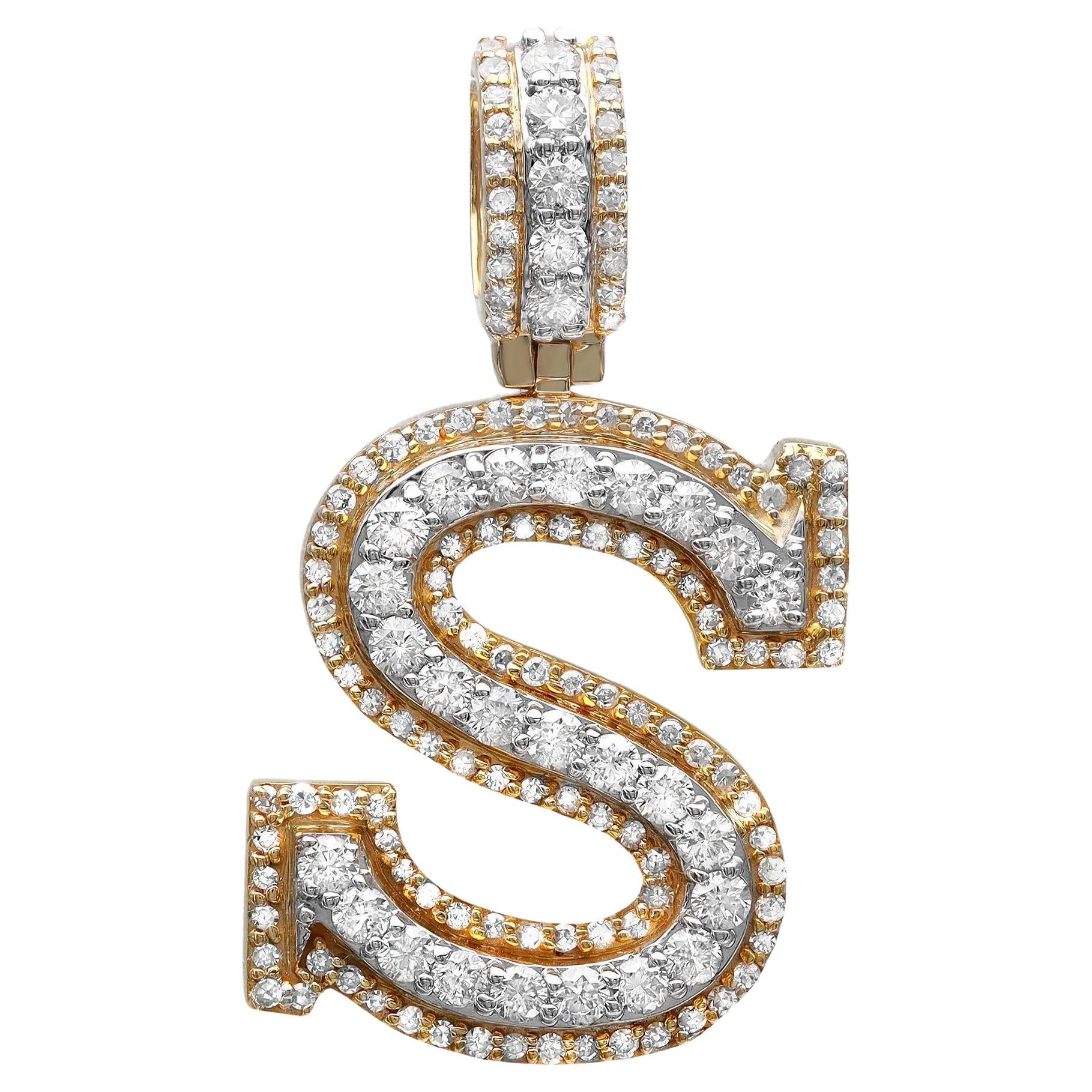 Round Cut Diamond "S" Letter Initial Pendant 14K Yellow Gold 0.93Cttw For Sale