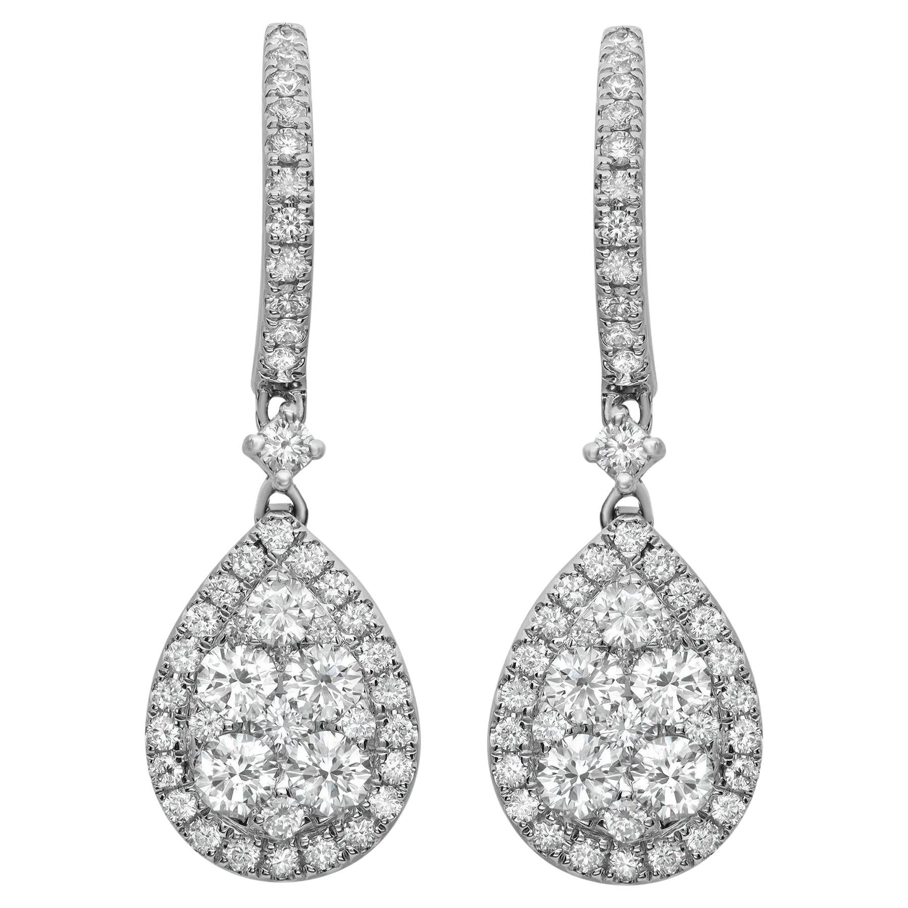 Round Cut Diamond Tear Drop Earrings 18K White Gold 1.65Cttw  For Sale