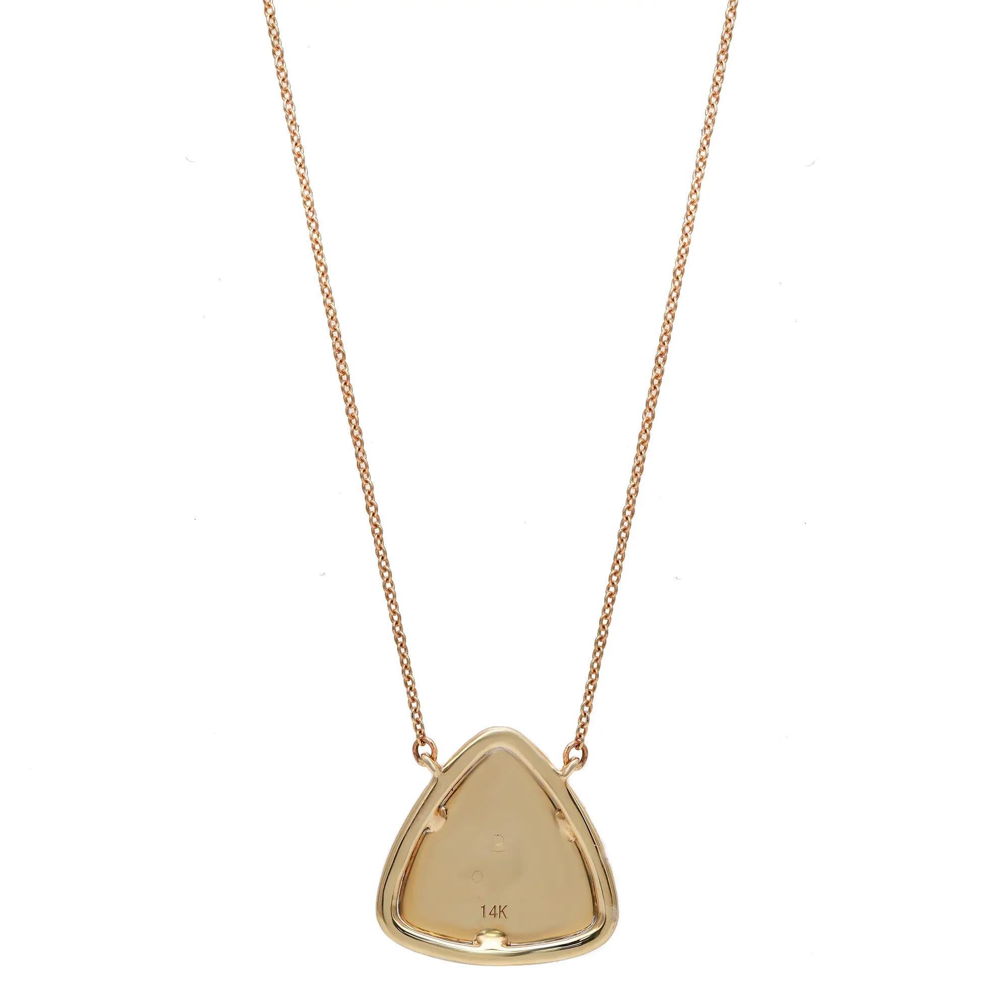 Modern Round Cut Diamond Triangular Pendant Necklace 14K Yellow Gold 18 Inches For Sale