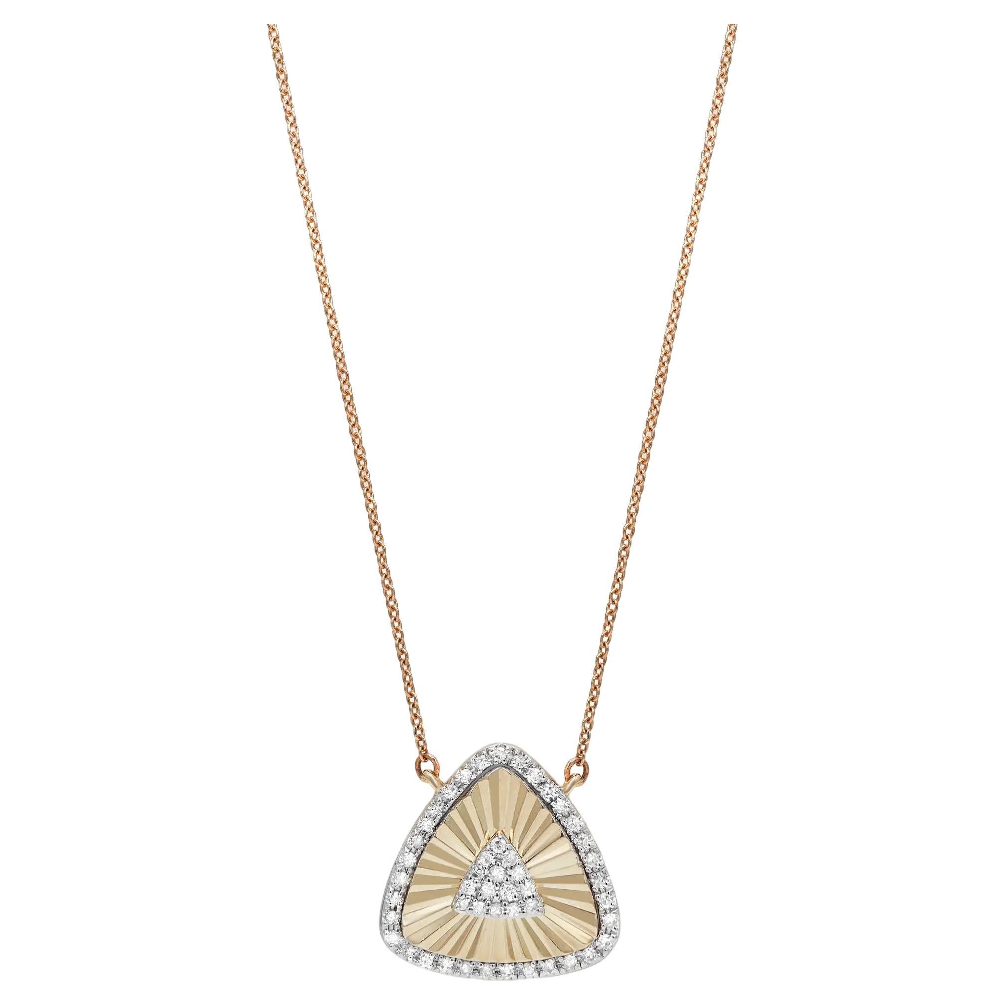 Round Cut Diamond Triangular Pendant Necklace 14K Yellow Gold 18 Inches For Sale