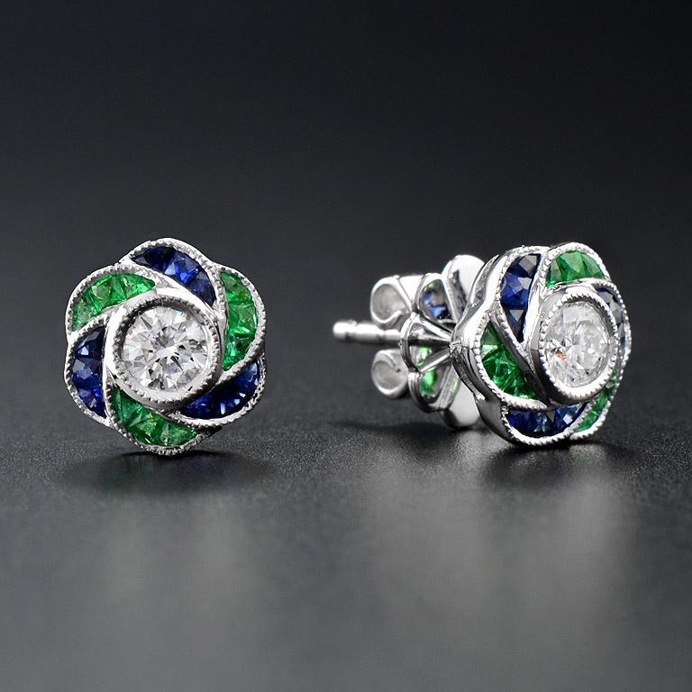 Art Deco Round Cut Diamond with Emerald and Sapphire Floral Stud Earrings in 18K Gold For Sale