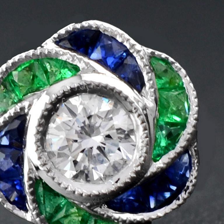 Women's Round Cut Diamond with Emerald and Sapphire Floral Stud Earrings in 18K Gold For Sale