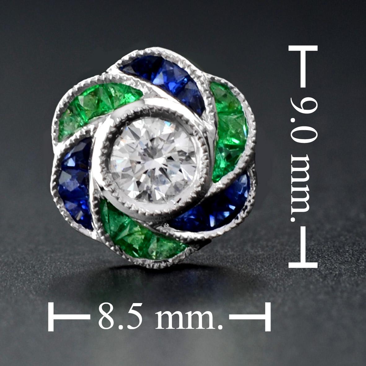 Round Cut Diamond with Emerald and Sapphire Floral Stud Earrings in 18K Gold For Sale 1