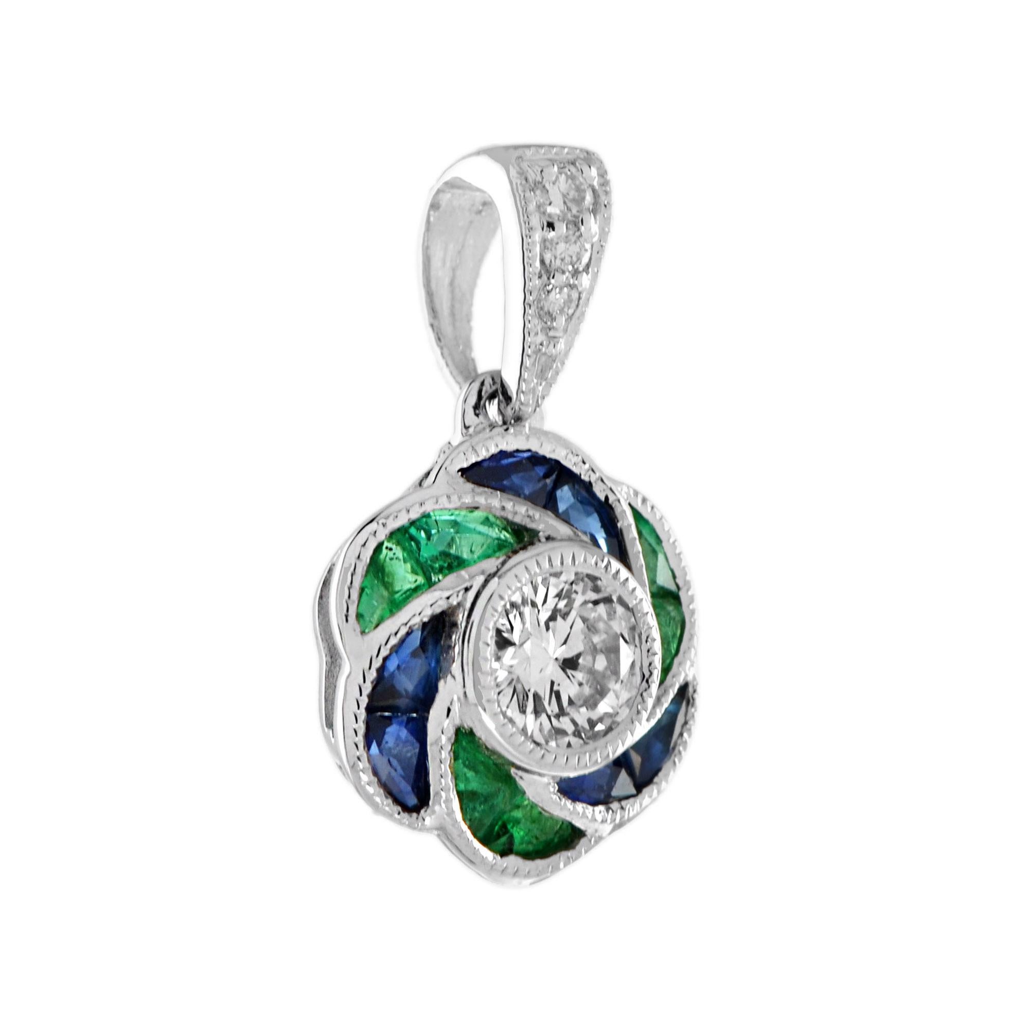 Art Deco Round Cut Diamond with Emerald Sapphire Rose Floral Pendant in 18K White Gold For Sale