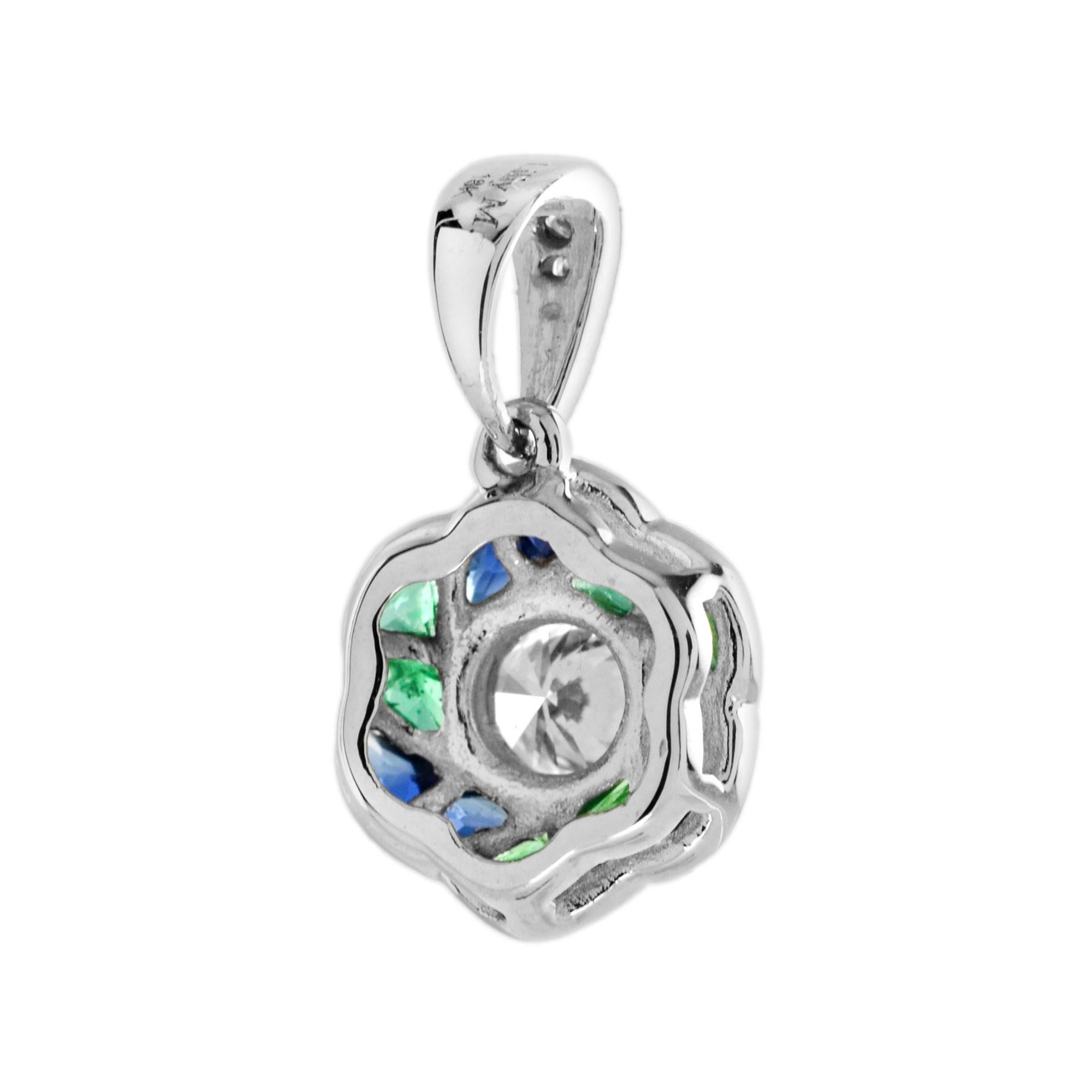 Round Cut Diamond with Emerald Sapphire Rose Floral Pendant in 18K White Gold In New Condition For Sale In Bangkok, TH