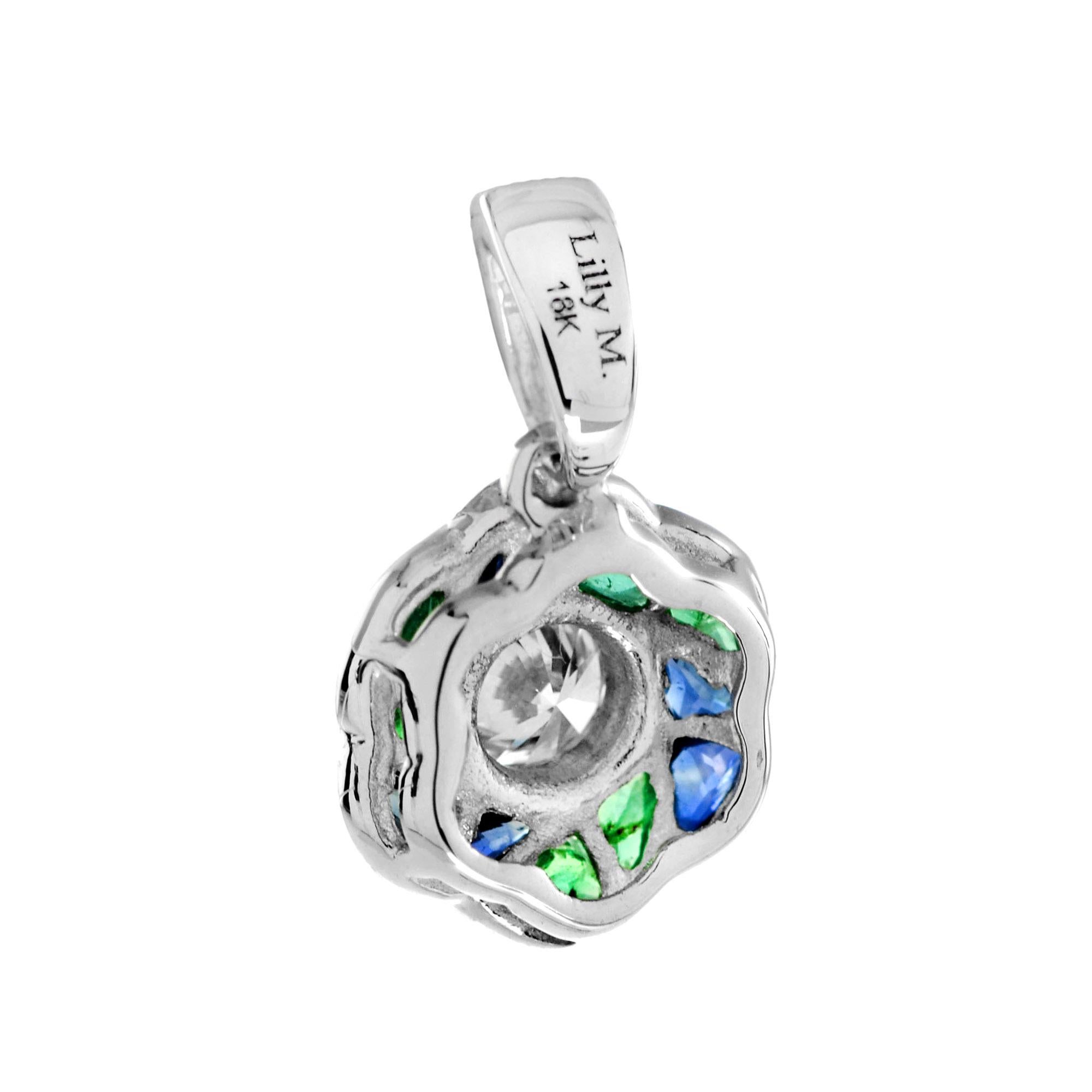 Women's Round Cut Diamond with Emerald Sapphire Rose Floral Pendant in 18K White Gold For Sale