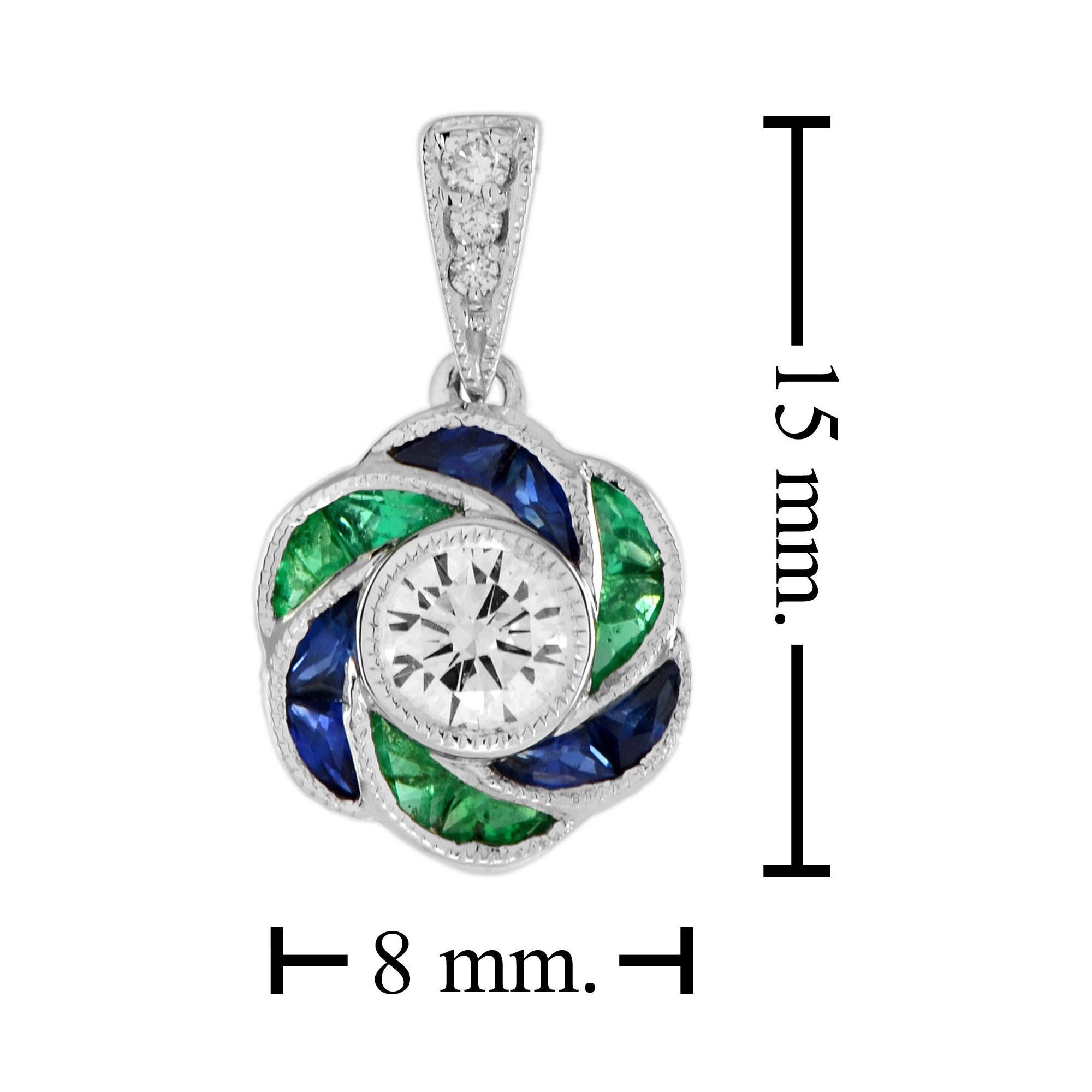 Round Cut Diamond with Emerald Sapphire Rose Floral Pendant in 18K White Gold For Sale 1