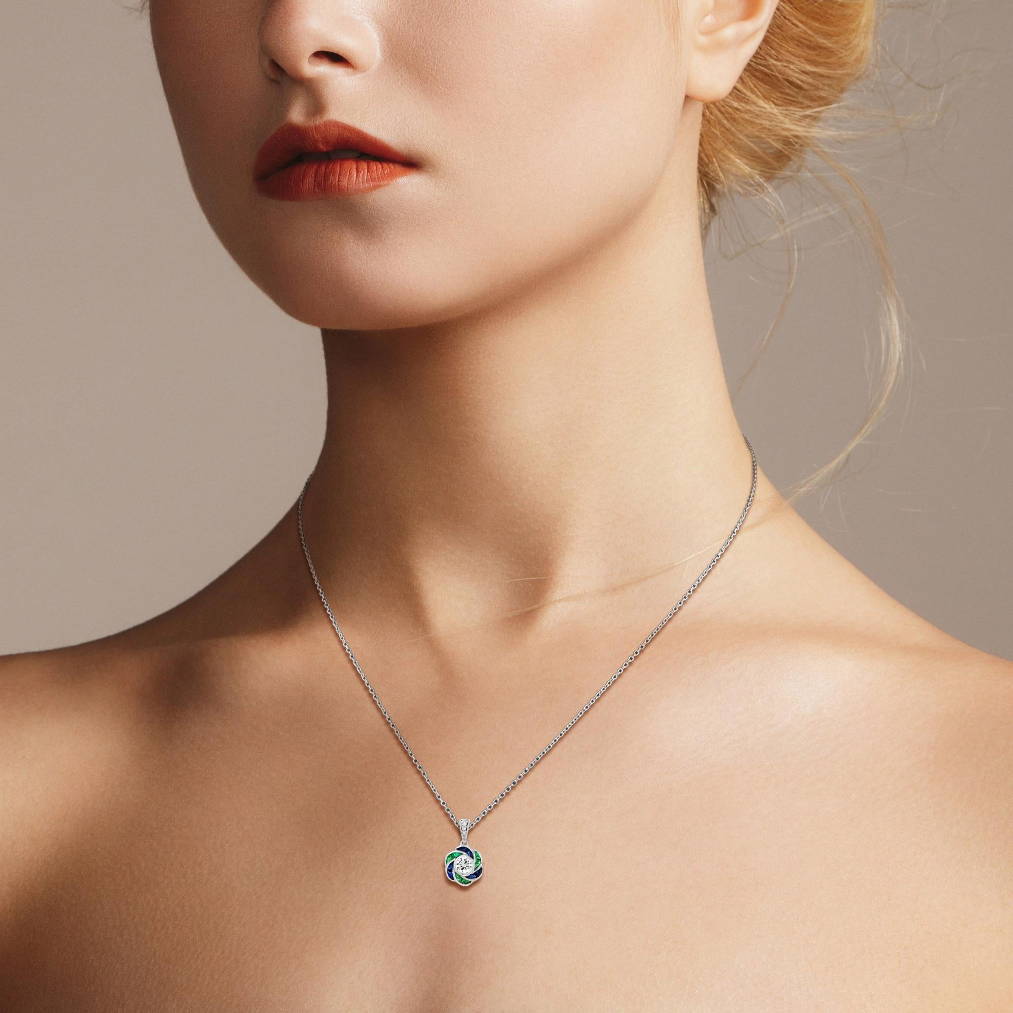 Round Cut Diamond with Emerald Sapphire Rose Floral Pendant in 18K White Gold For Sale 2