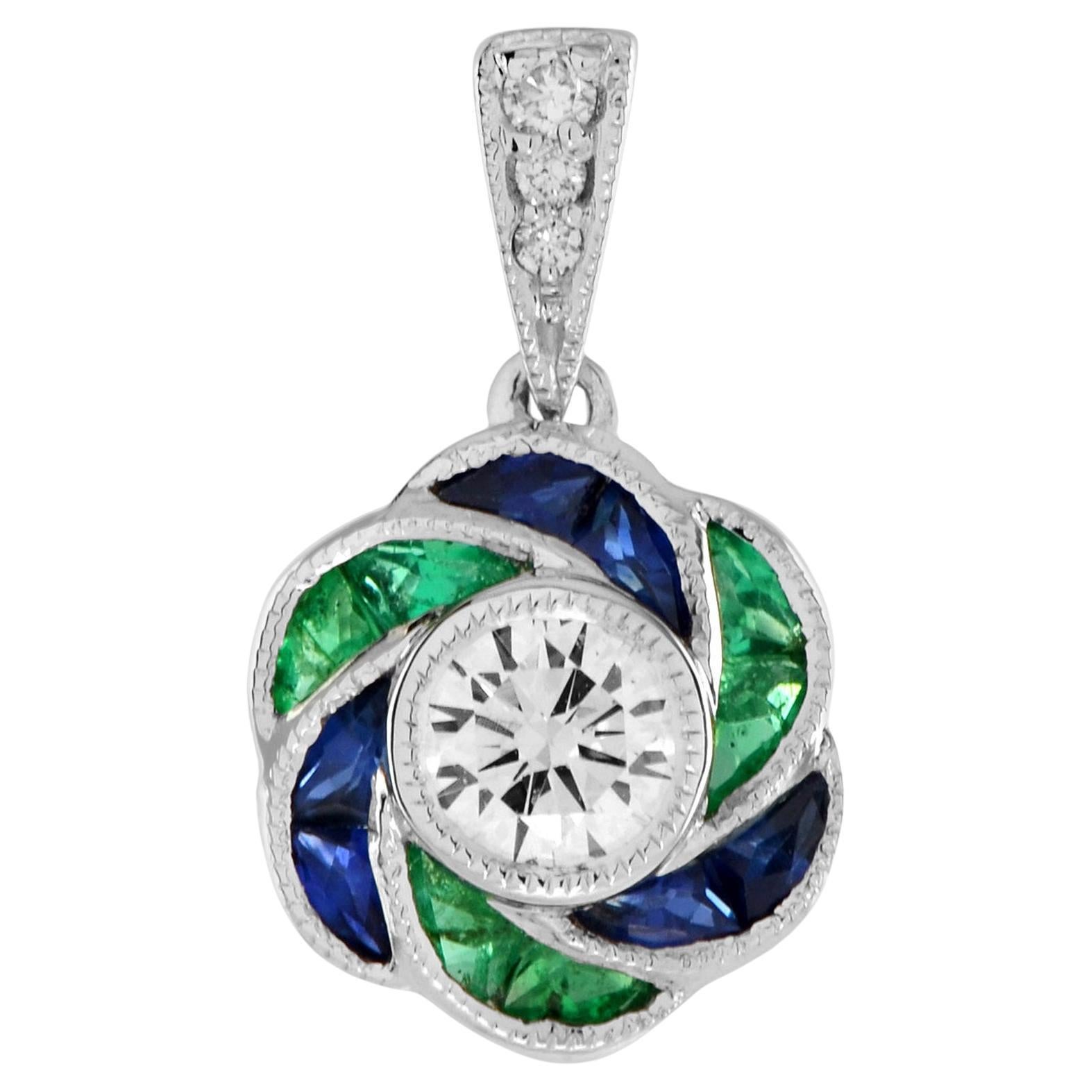 Round Cut Diamond with Emerald Sapphire Rose Floral Pendant in 18K White Gold