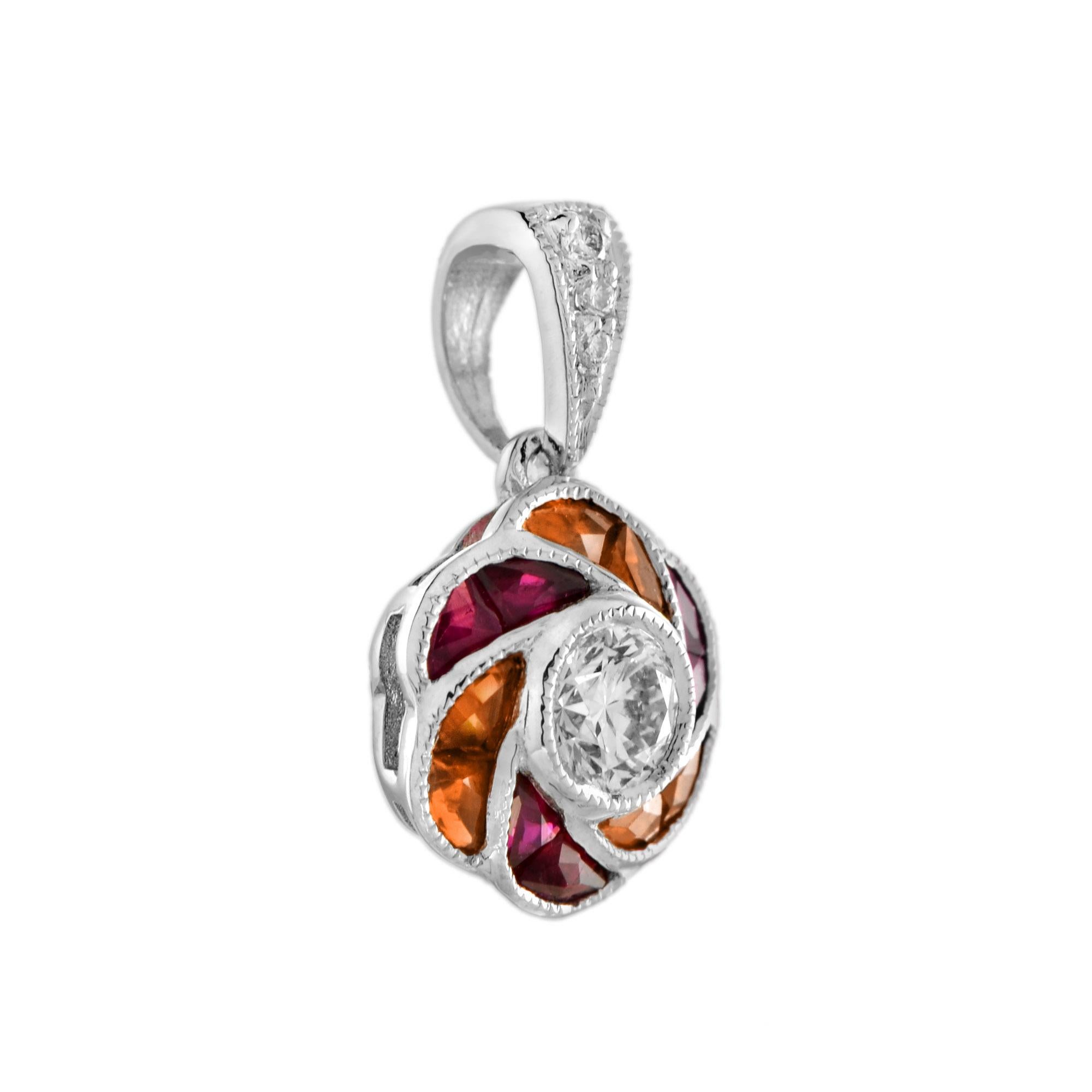 Perfect with everyday wear, these charming vintage Art Deco revivalist design pendant feature a brilliant cut diamonds surrounded by ruby and bright orange sapphire for rose petals finished look all in 18K white gold.

Information
Style: