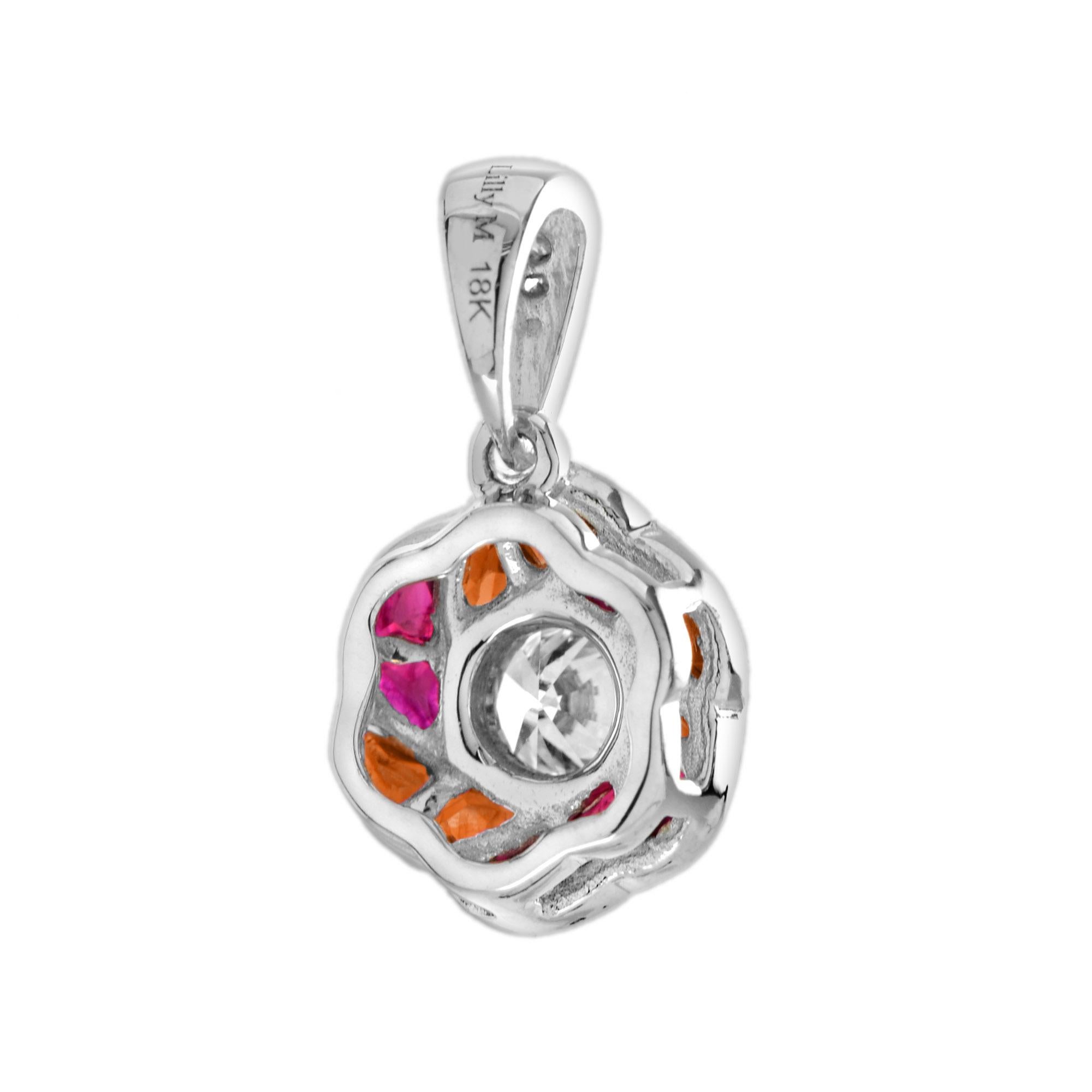 Art Deco Round Cut Diamond with Ruby and Orange Sapphire Floral Pendant in 18K Gold For Sale