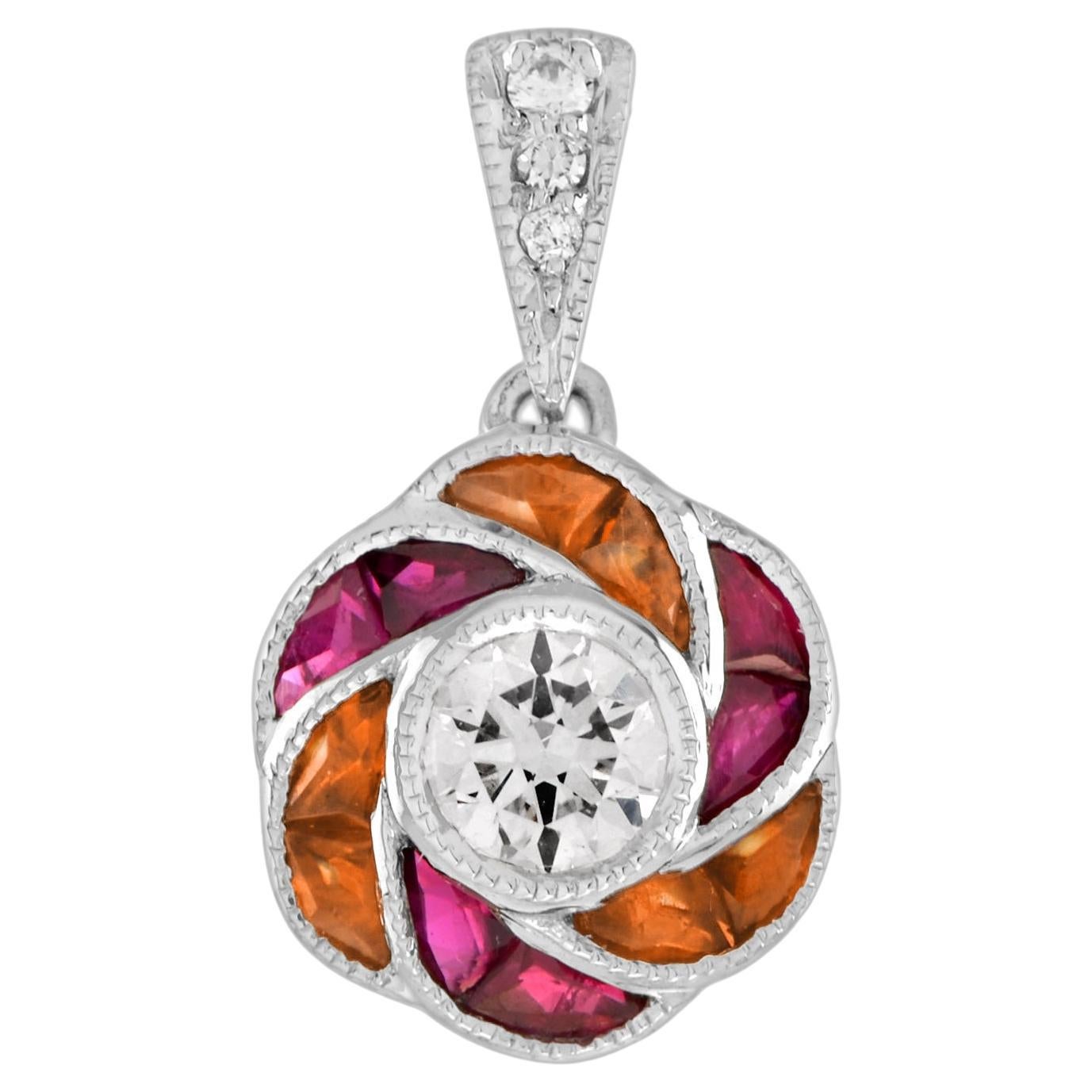 Round Cut Diamond with Ruby and Orange Sapphire Floral Pendant in 18K Gold