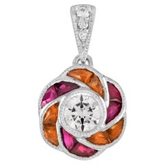 Round Cut Diamond with Ruby and Orange Sapphire Floral Pendant in 18K Gold