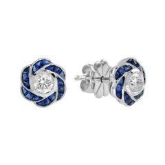 Round Cut Diamond with Sapphire Floral Pendant and Earrings 18K White Gold