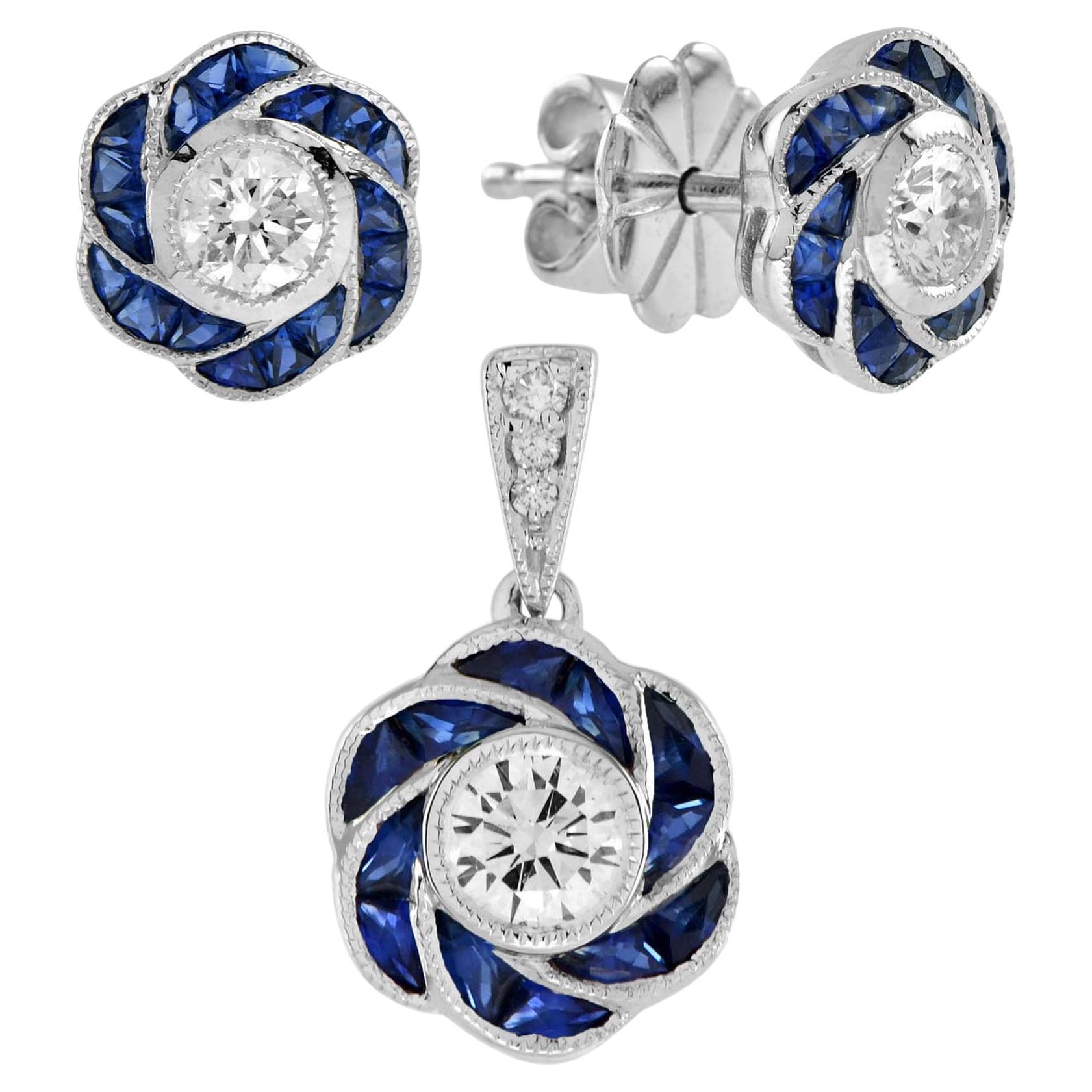 Ciondolo e orecchini floreali con diamante taglio rotondo e zaffiro in oro bianco 18 carati