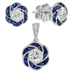 Round Cut Diamond with Sapphire Floral Pendant and Earrings 18K White Gold