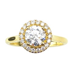 Round Cut Diamond Yellow Gold Engagement Ring with Halo and Basket Setting