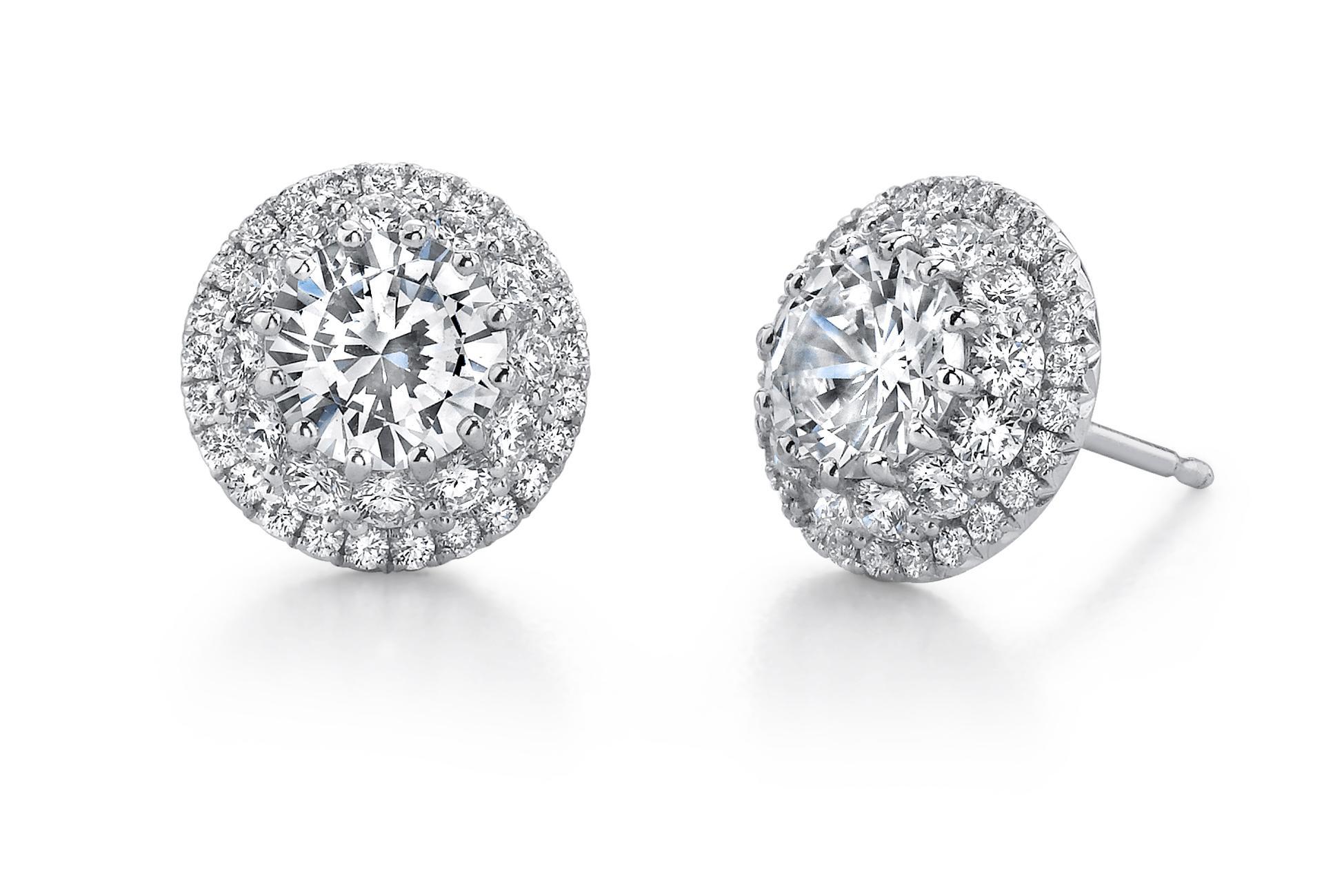 French Cut Round Cut Double Halo Diamond Earrings Platinum 950 For Sale