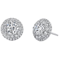 Round Cut Double Halo Diamond Earrings Platinum 950