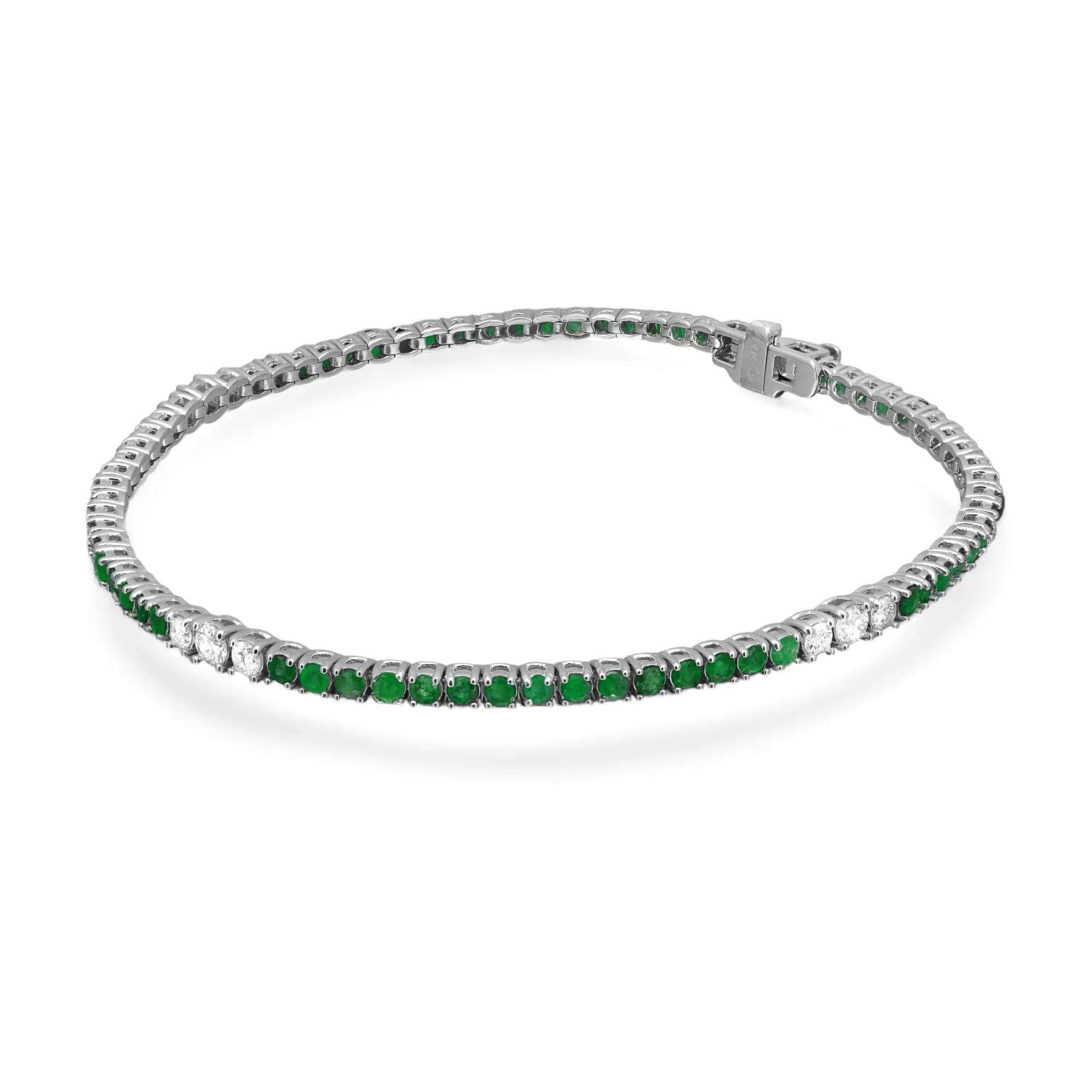 Esmeralda talla redonda 2,60 qt y diamante 0,47 qt Pulsera de tenis Oro blanco de 14 quilates 7 pulgadas Corte redondo en venta