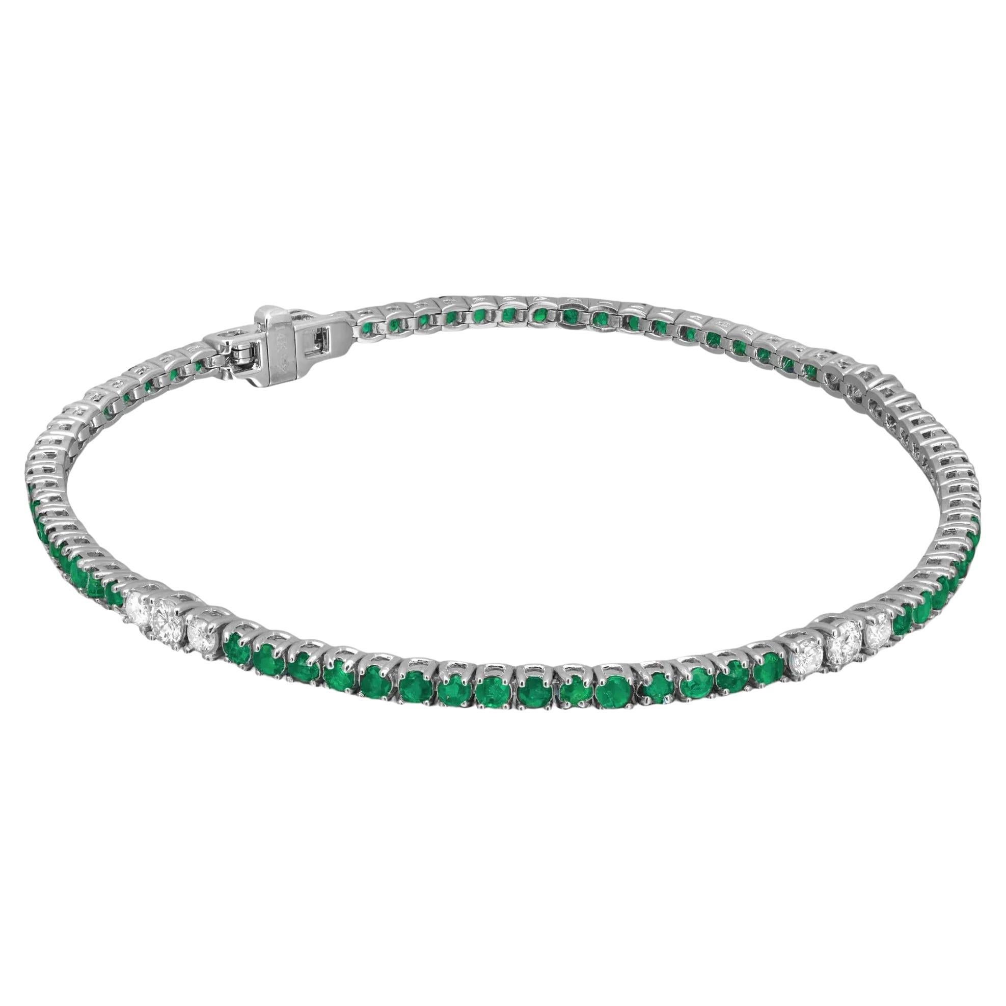 Round Cut Emerald 2.60Ctw & Diamond 0.47Ctw Tennis Bracelet 14K White Gold 7 In