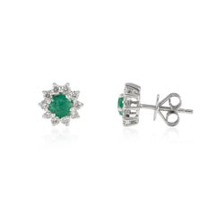 Round Cut Emerald and Diamond Halo Stud Earrings in Solid 18k White Gold