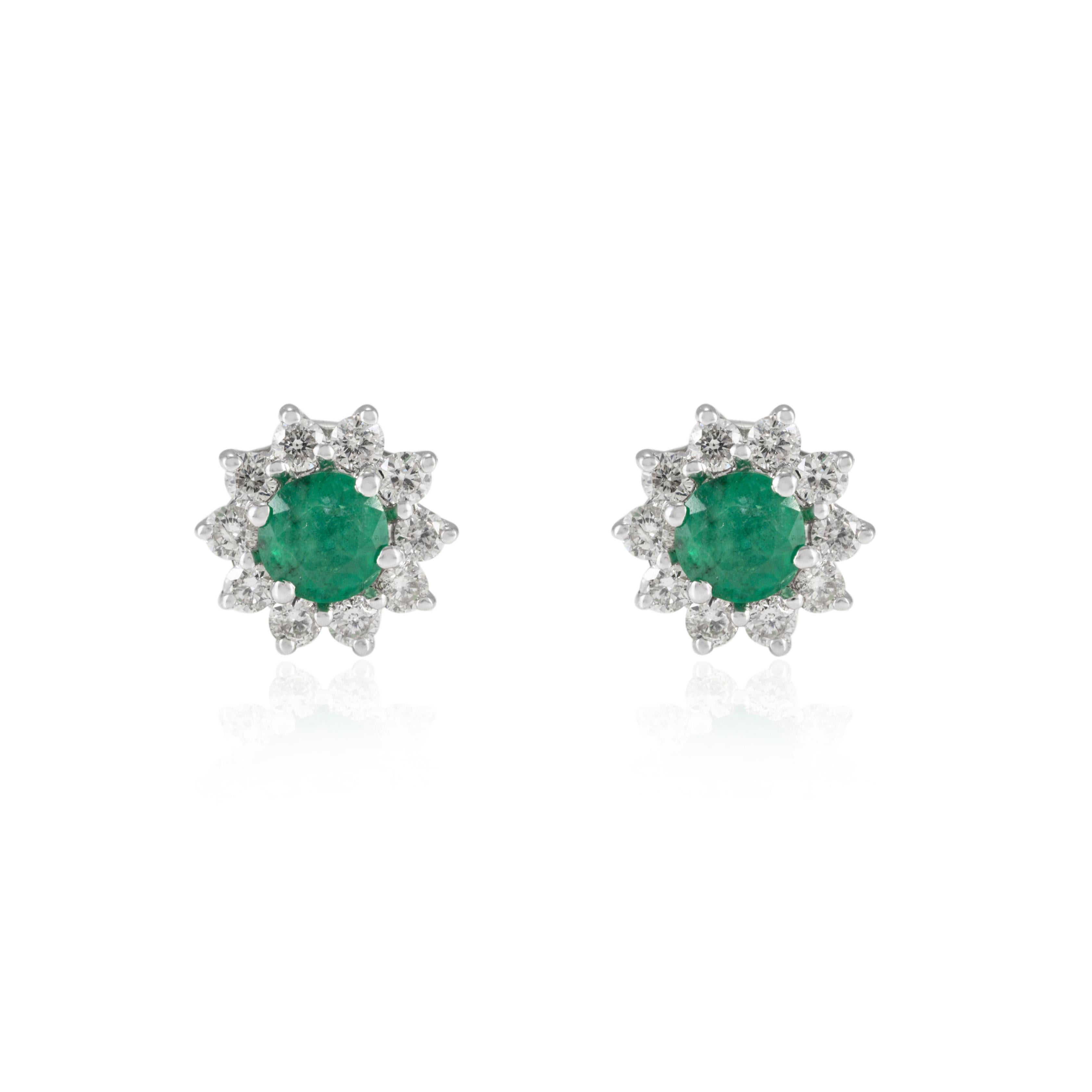 Art Deco Round Cut Emerald and Diamond Halo Stud Earrings in Solid 18k White Gold For Sale